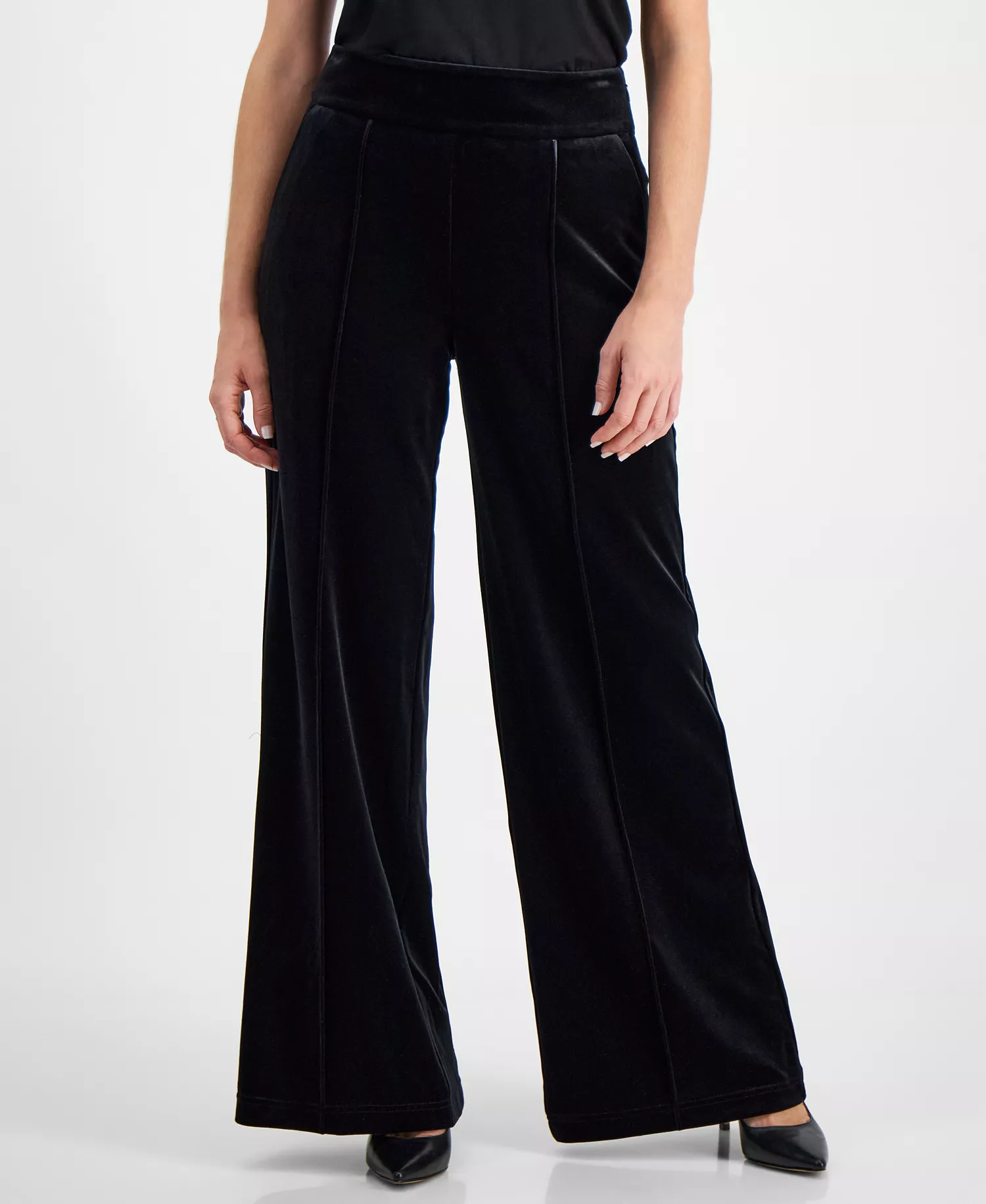 Petite Velvet High-Rise Wide-Leg Pants, Created for Macy's - Deep Black - P/XL
