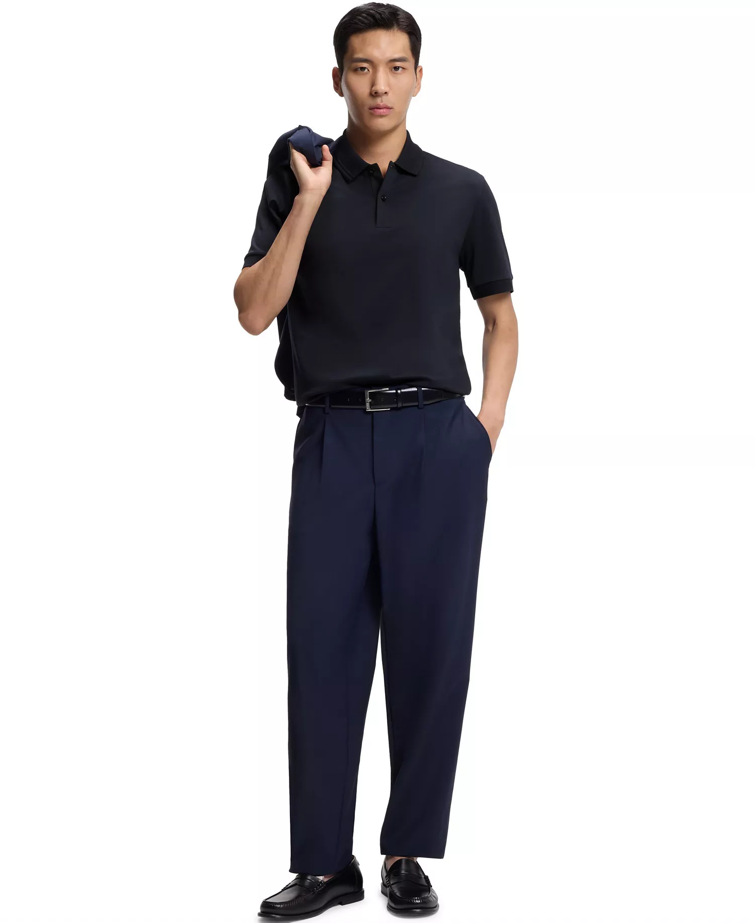 Men's Monogram Under Placket Cotton-Blend Polo Shirt - Dark Blue - L