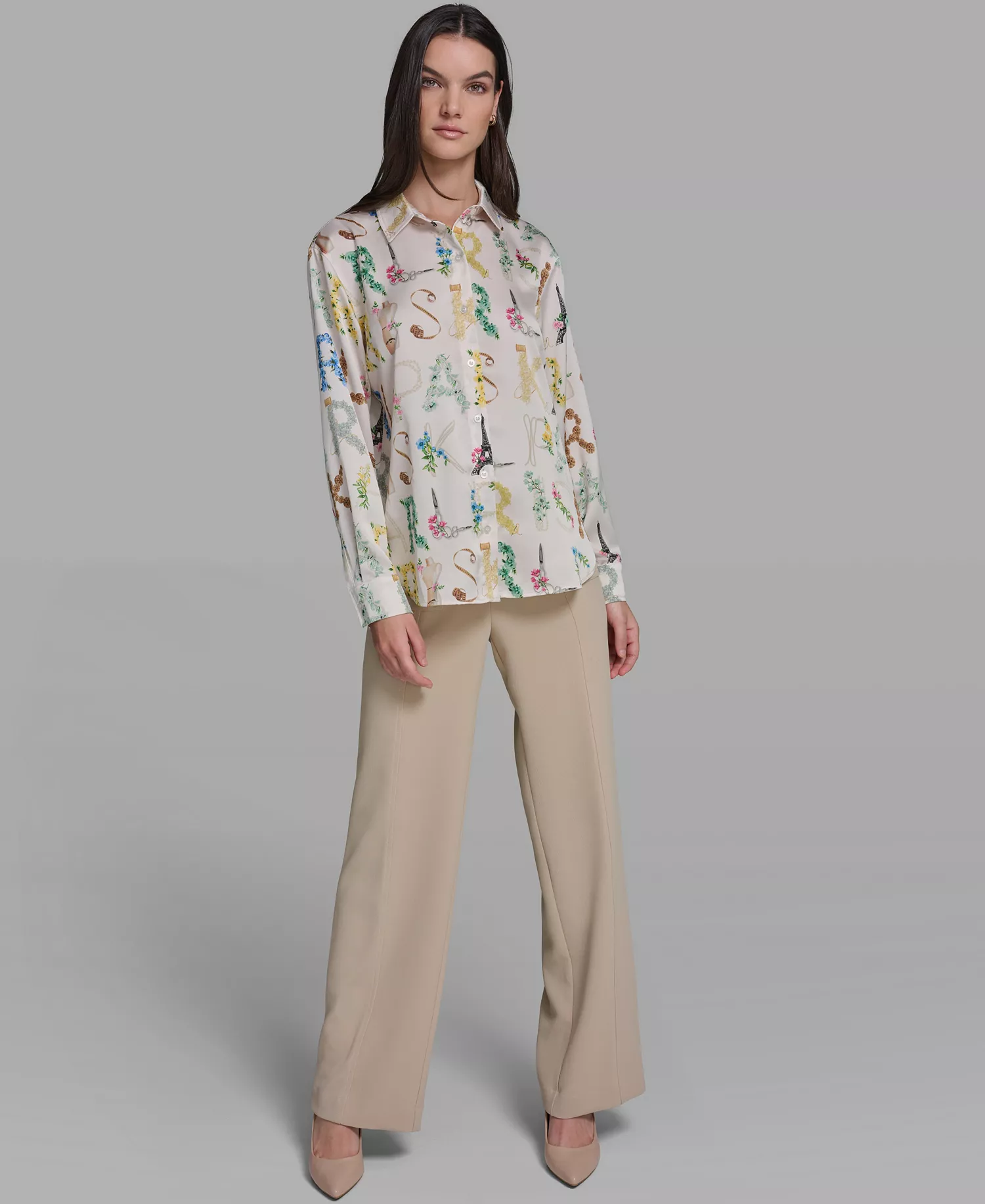 Women's Allover Print Button-Down Long-Sleeve Top - Bisque/panna Cotta Multi - L
