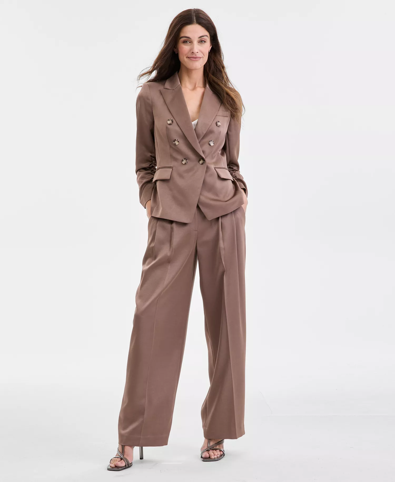 Women's Matte Satin Double-Breasted Scrunch-Sleeve Jacket - Mocha - 10