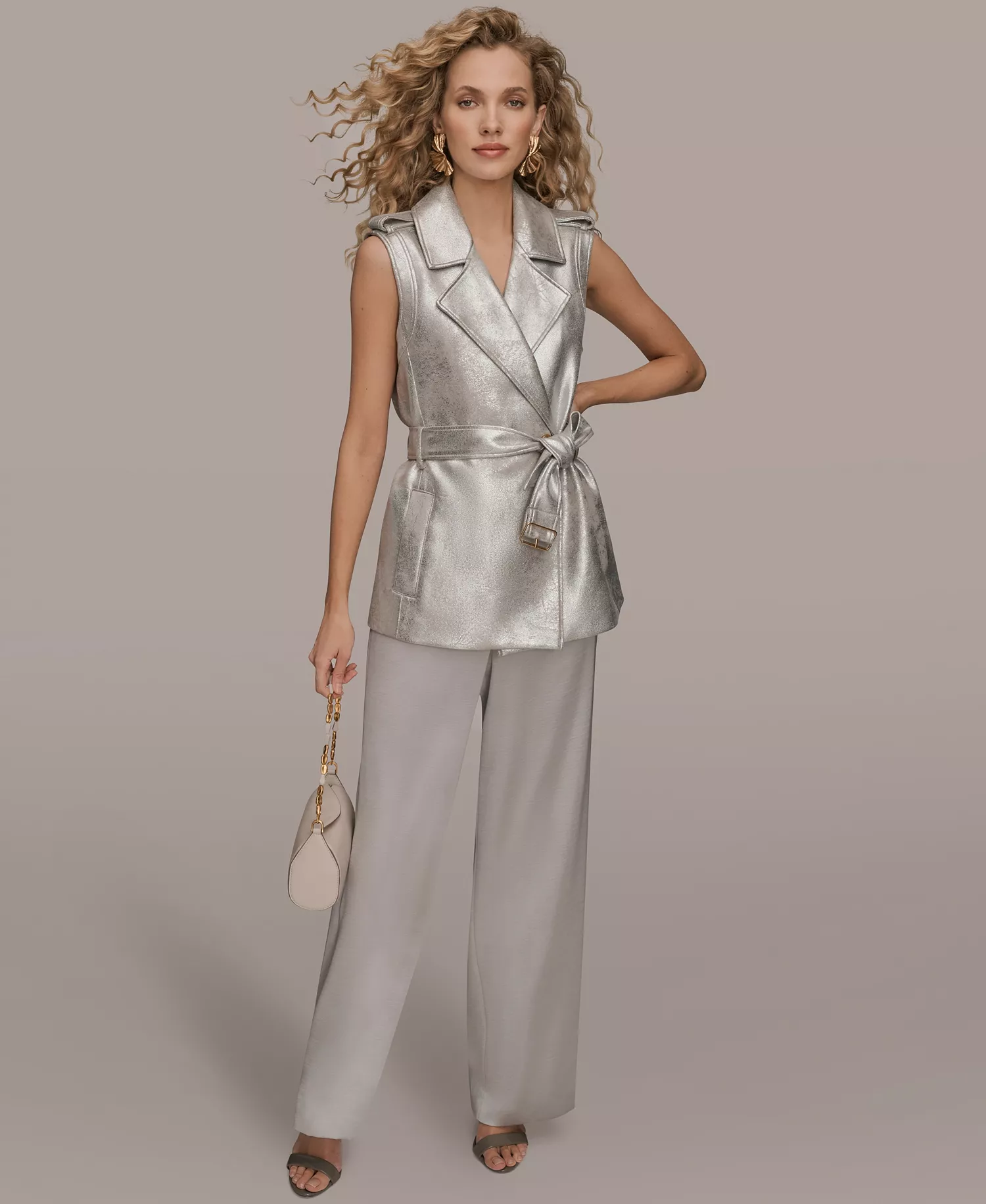 Women's Notch Lapel Collar Metallic Belted Vest - Vapor - L
