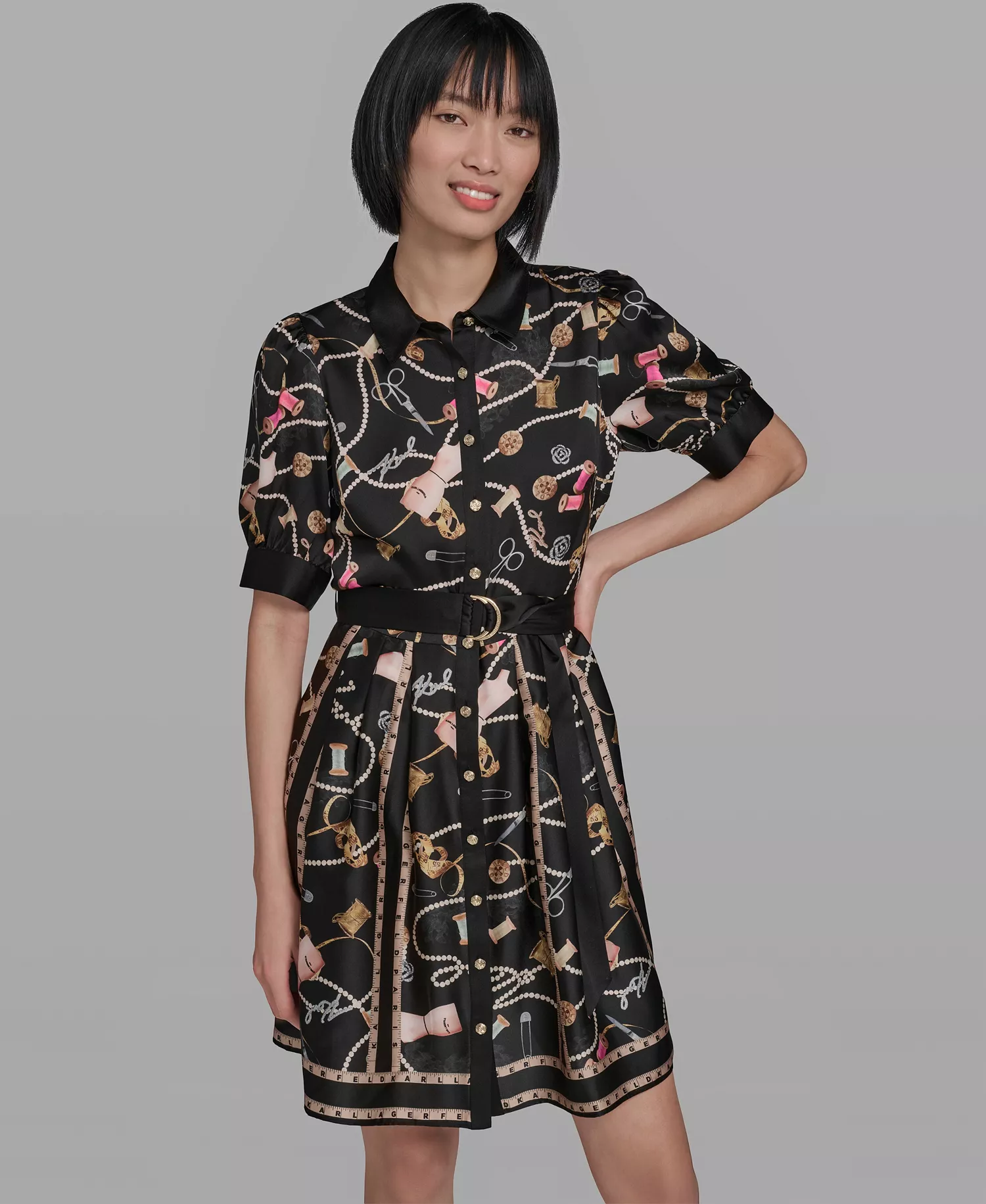 Women's Printed Collared Belt Shirt Dress - Black Combo - 0