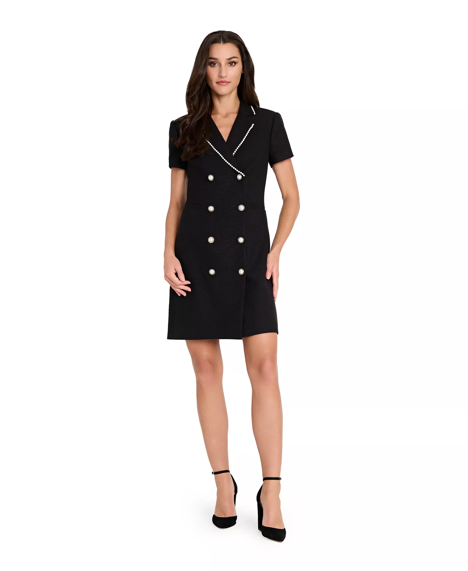 Women's Imitation Pearl Trim Boucle Coat Dress - Black - 16