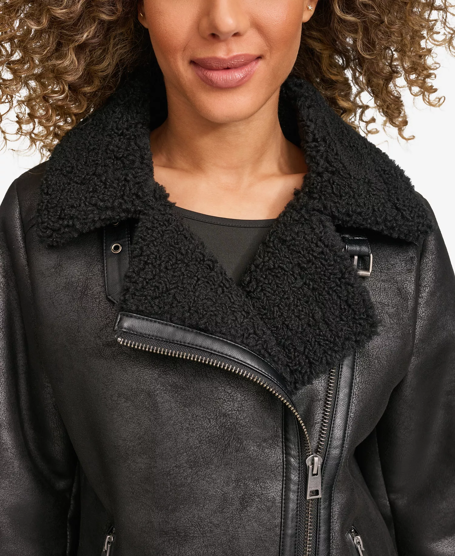 Women's Faux Shearling Asymmetrical Moto Jacket - Black - L