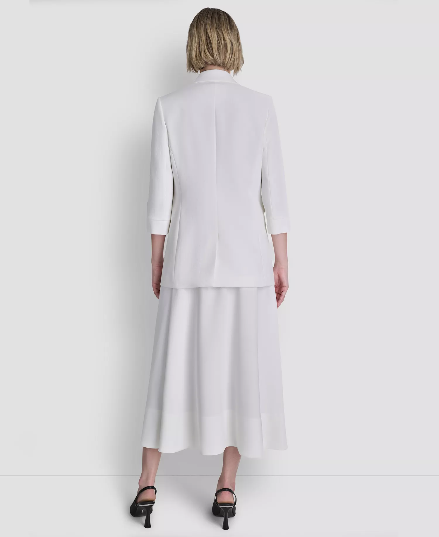 Women's Mixed Media Sleeveless Sweater, Textured Crepe Midi Skirt and Open Front Jacket - Ivory - 0