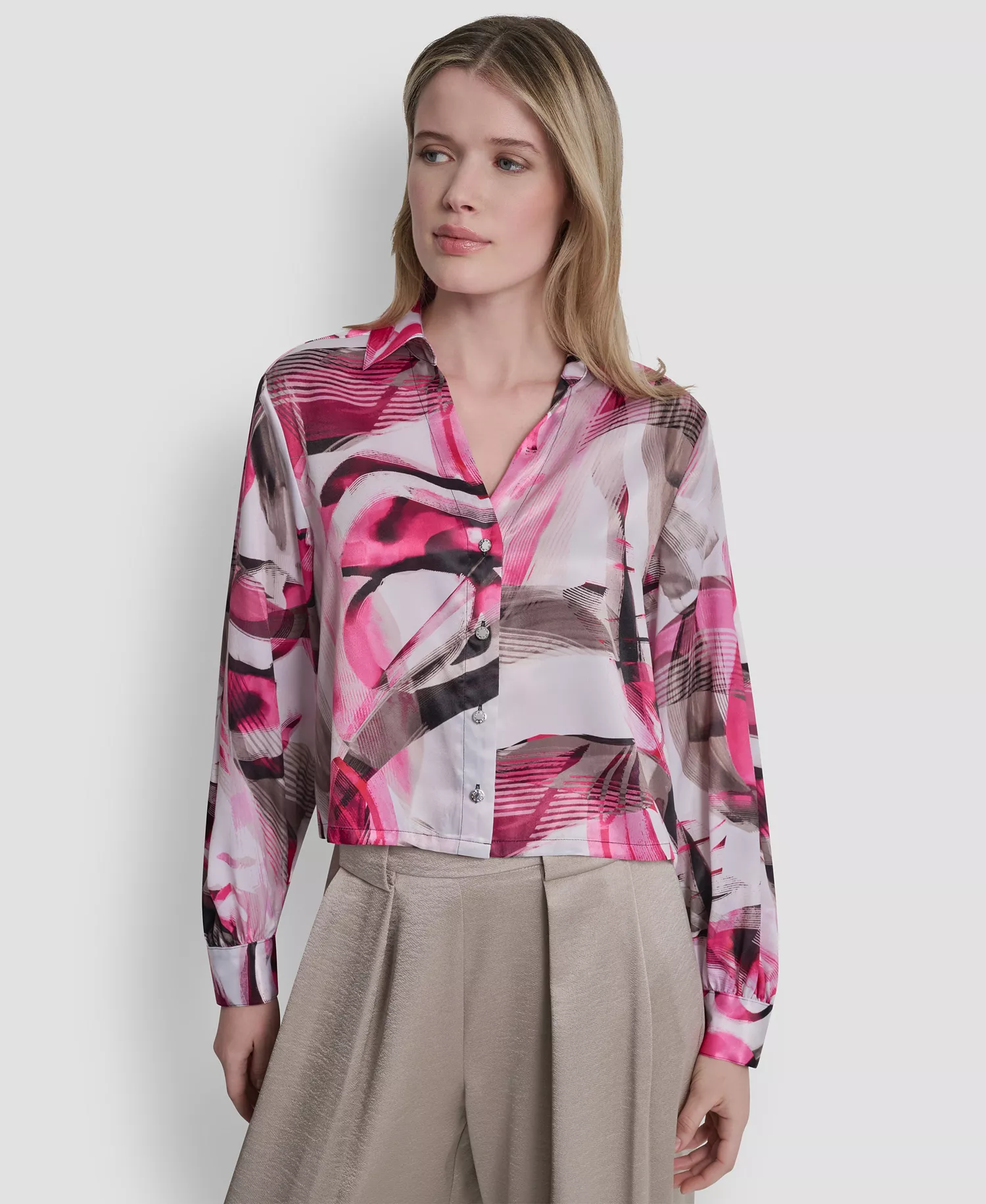 Women's Button-Down Abstract Print Shirt - Spring Wisps - L