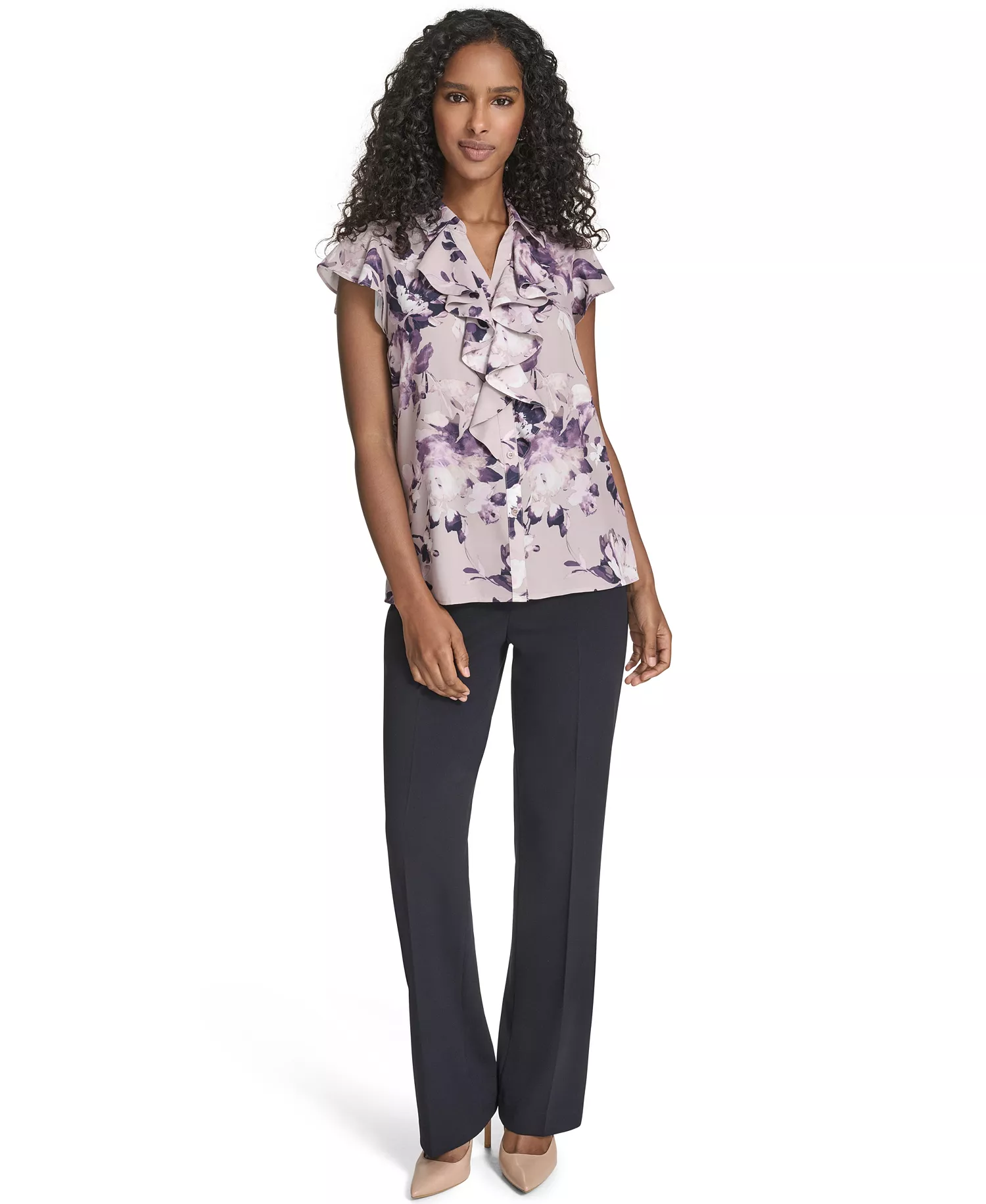 Women's Printed Ruffle Detail Top - Oyster/Iced Velvet Multi - L