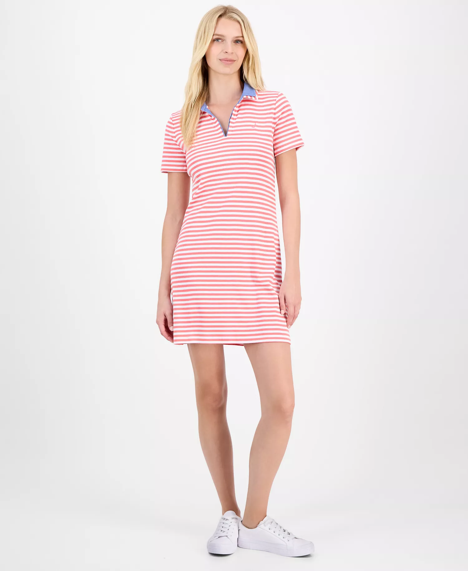 Nautica Women's Striped Polo Dress - Coralie/ Bright White - L