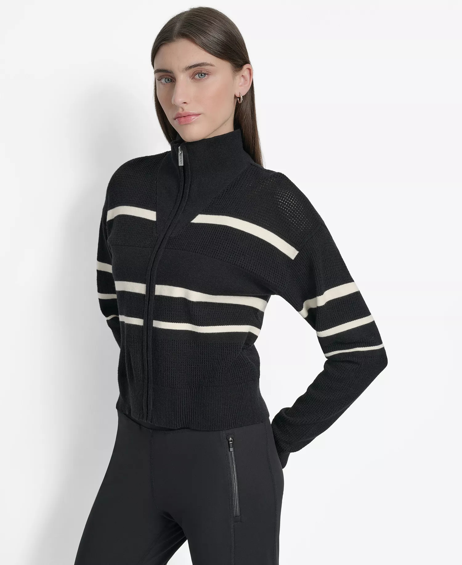 Women's Open Stitch Full Zip Stripe Jacket - Black/ Eggnog - L