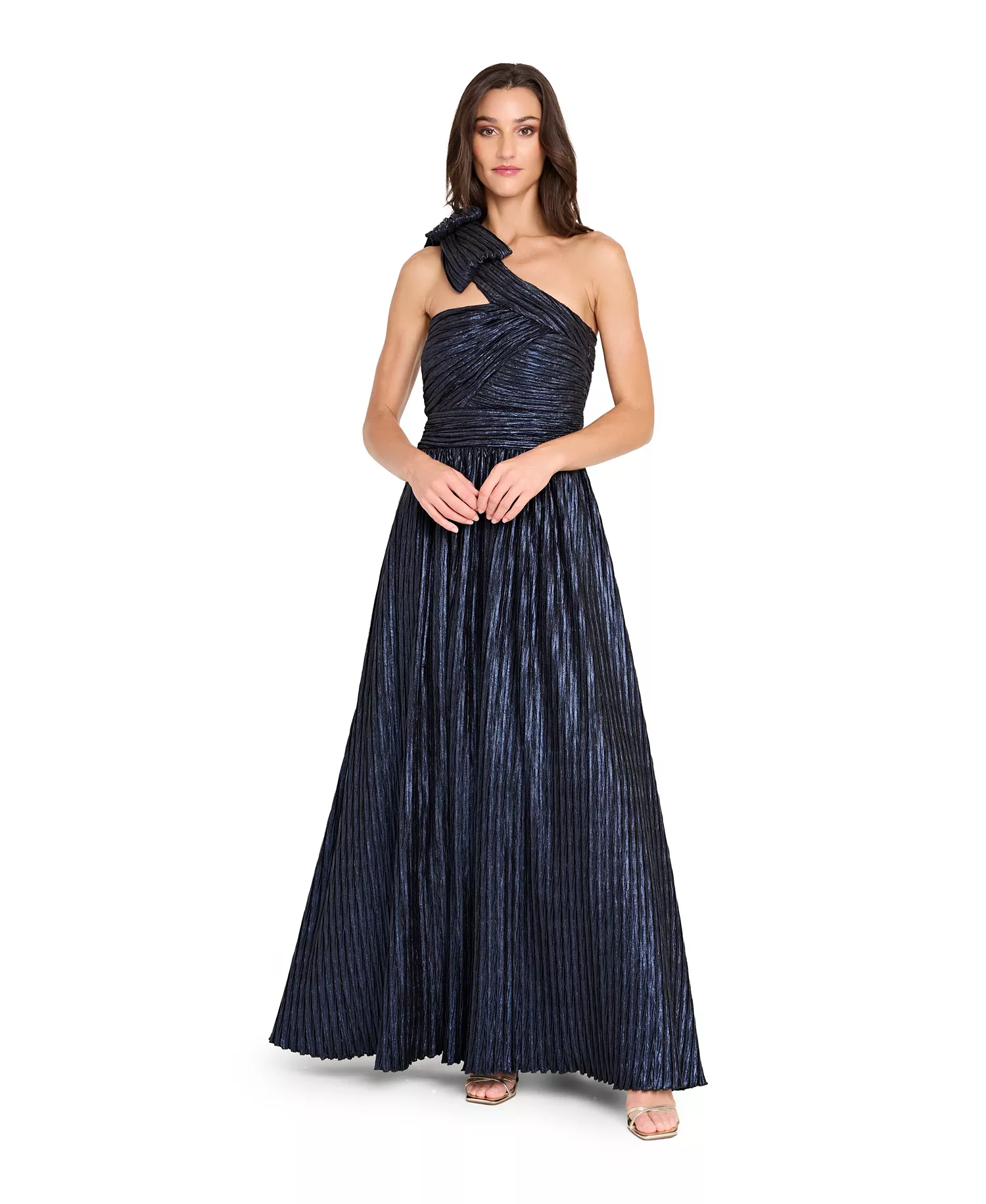 Women's One-Shoulder Crinkle Gown - Navy - 10