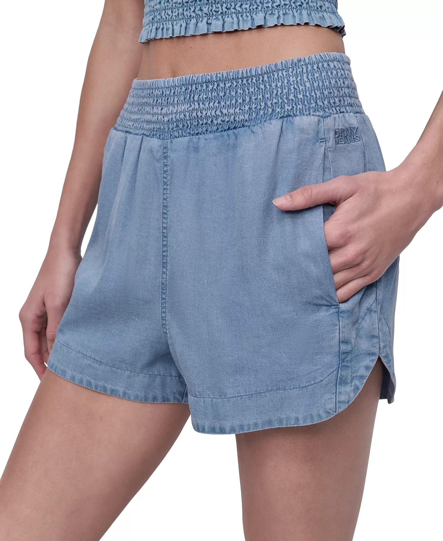 Women's Chambray High Rise Dolphin-Hem Shorts - FJZ - CHAMBRAY - L