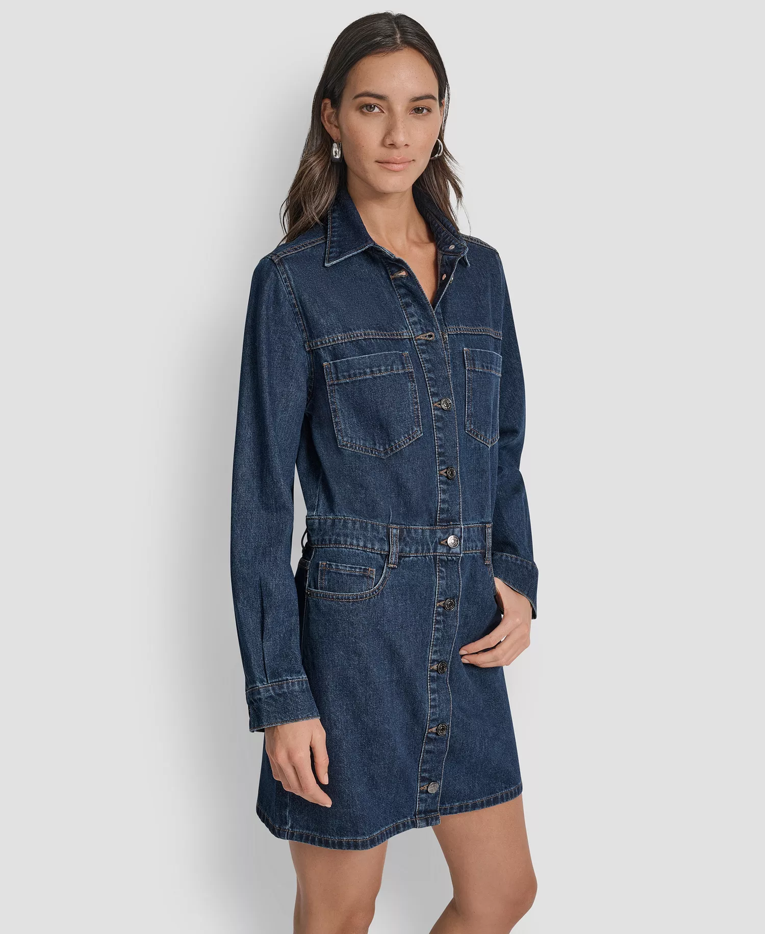 Women's Button-Down Long-Sleeve Denim Dress - ELERY - XS