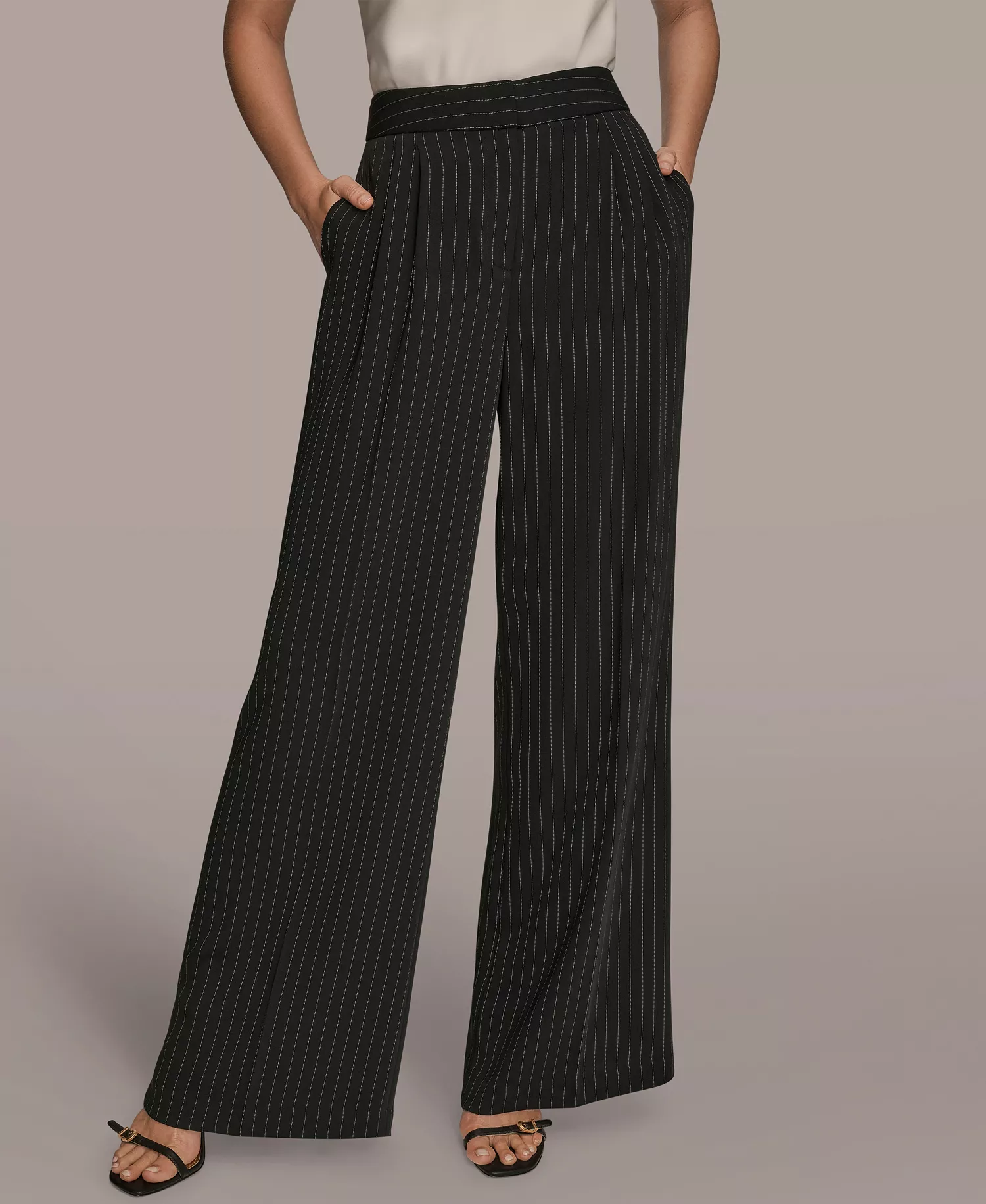 Women's Pinstripe Wide Leg Pants - Black - 0