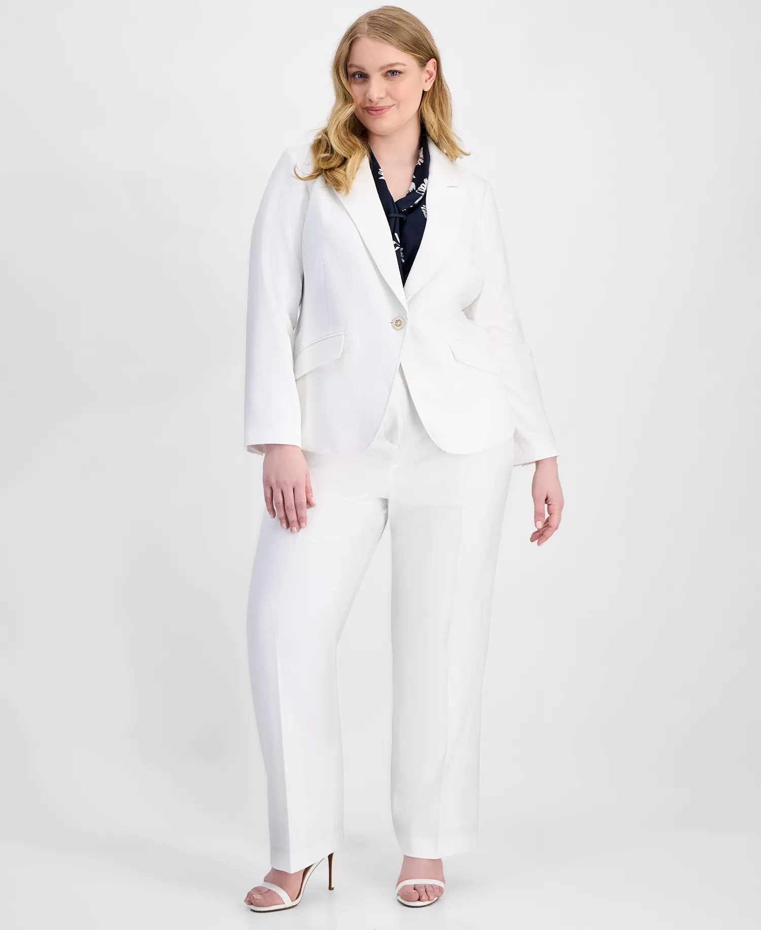 Plus Size Stretch Boucle One-Button Blazer  - Ivory - 14W