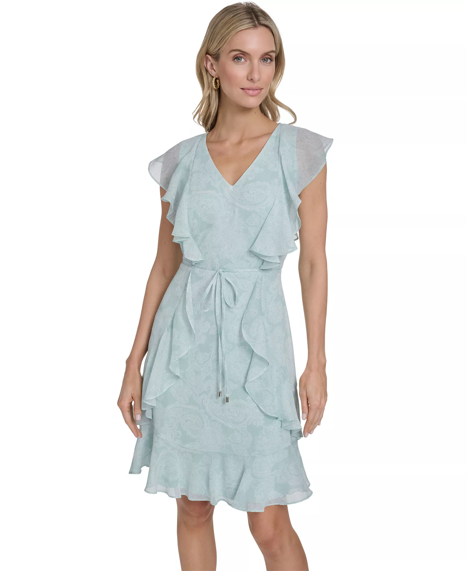 Women's Flutter-Sleeve Belted Mini Dress - Harbor gray/ivory - 10