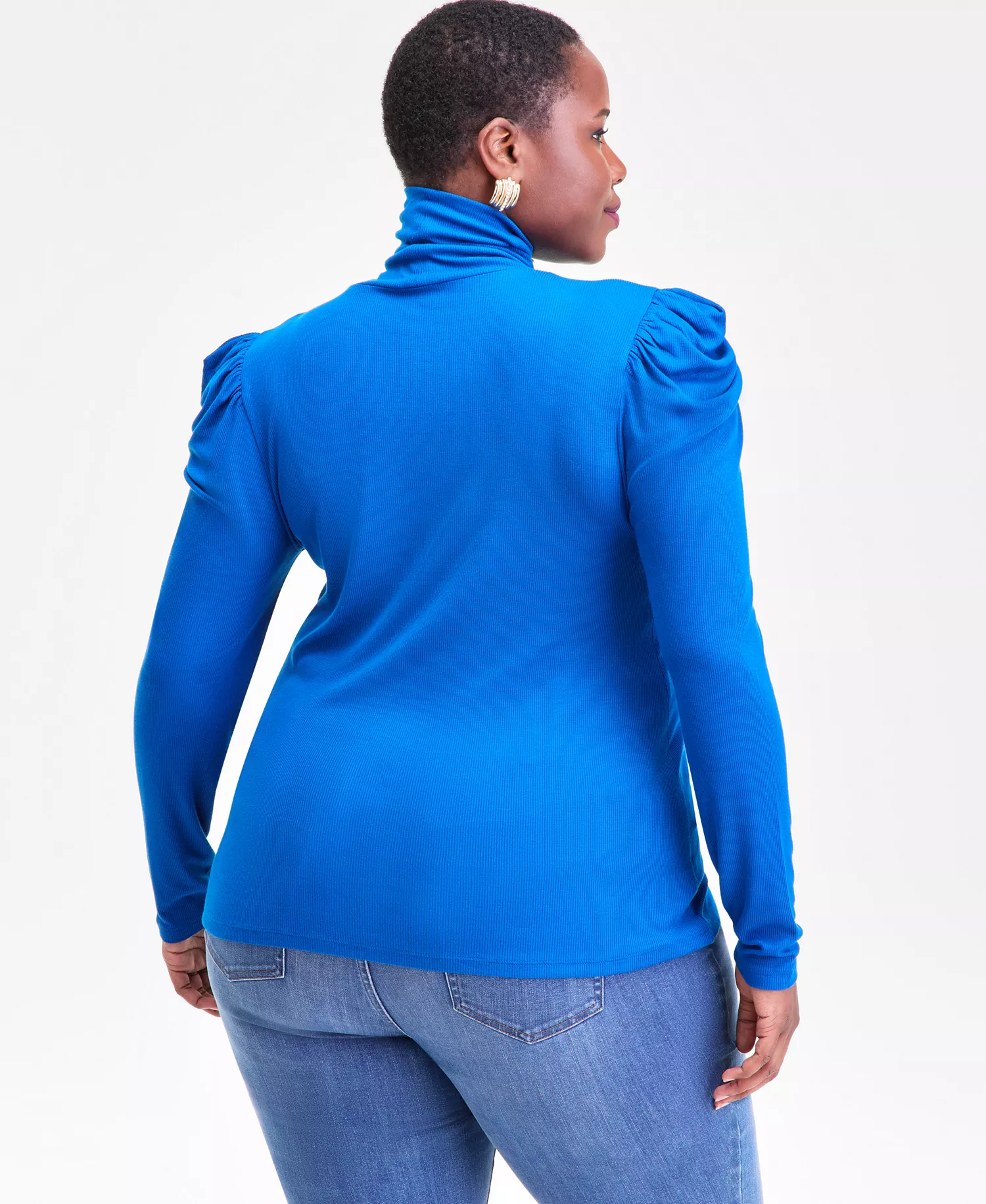 Plus Size Puff-Shoulder Ribbed Turtleneck, Created for Macy's - Cobalt Dre - 0X