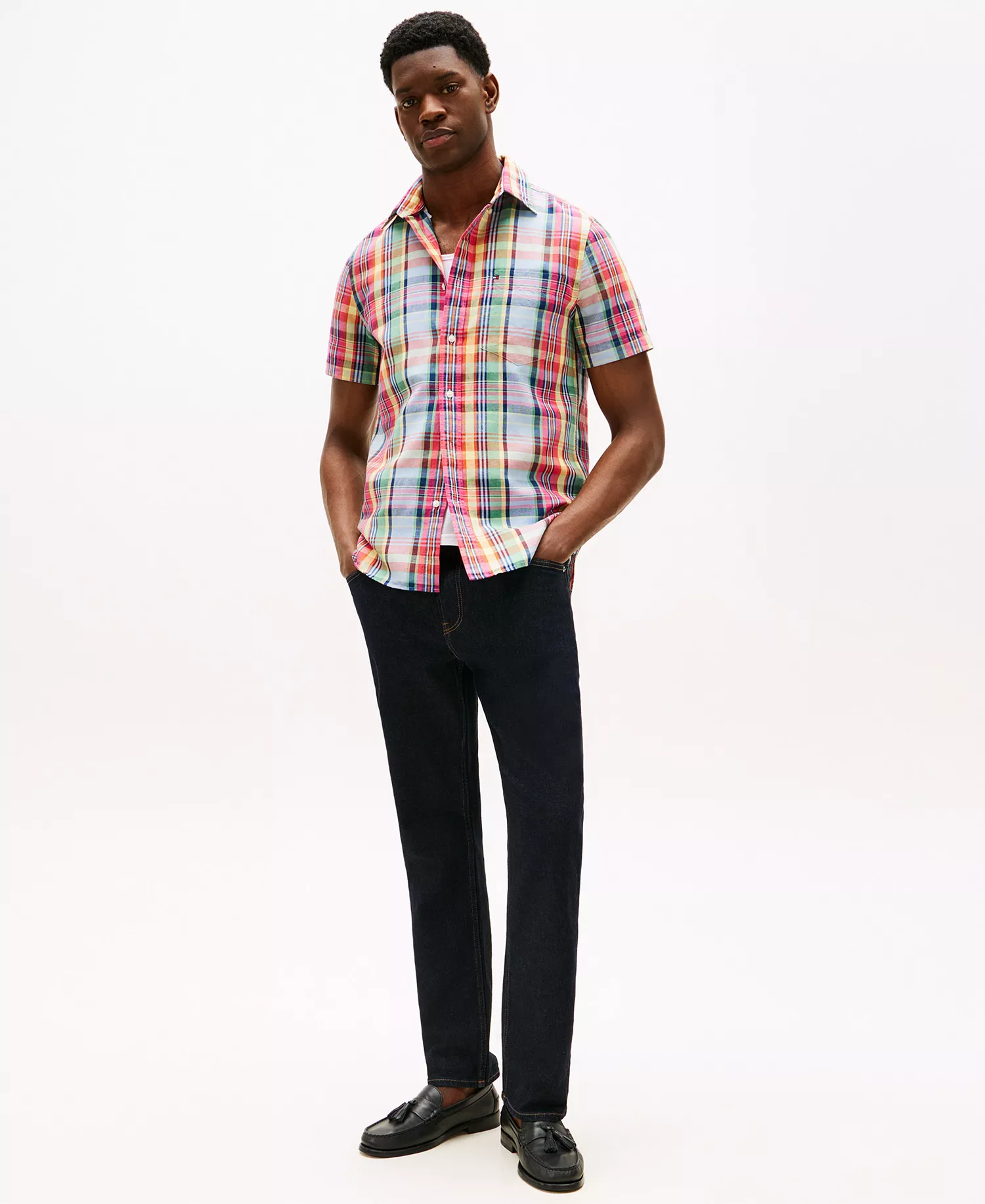 Men's Linen Madras Plaid Short-Sleeve Shirt - Brilliant Orange Multi / Check - L