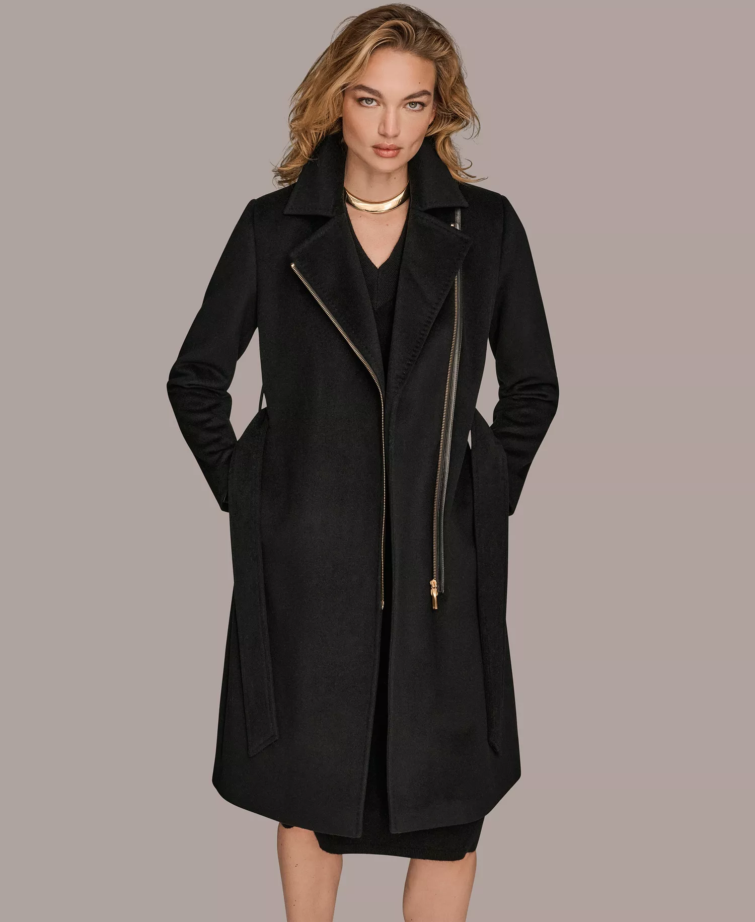 Women's Notch Collared Belted Coat - Black - L