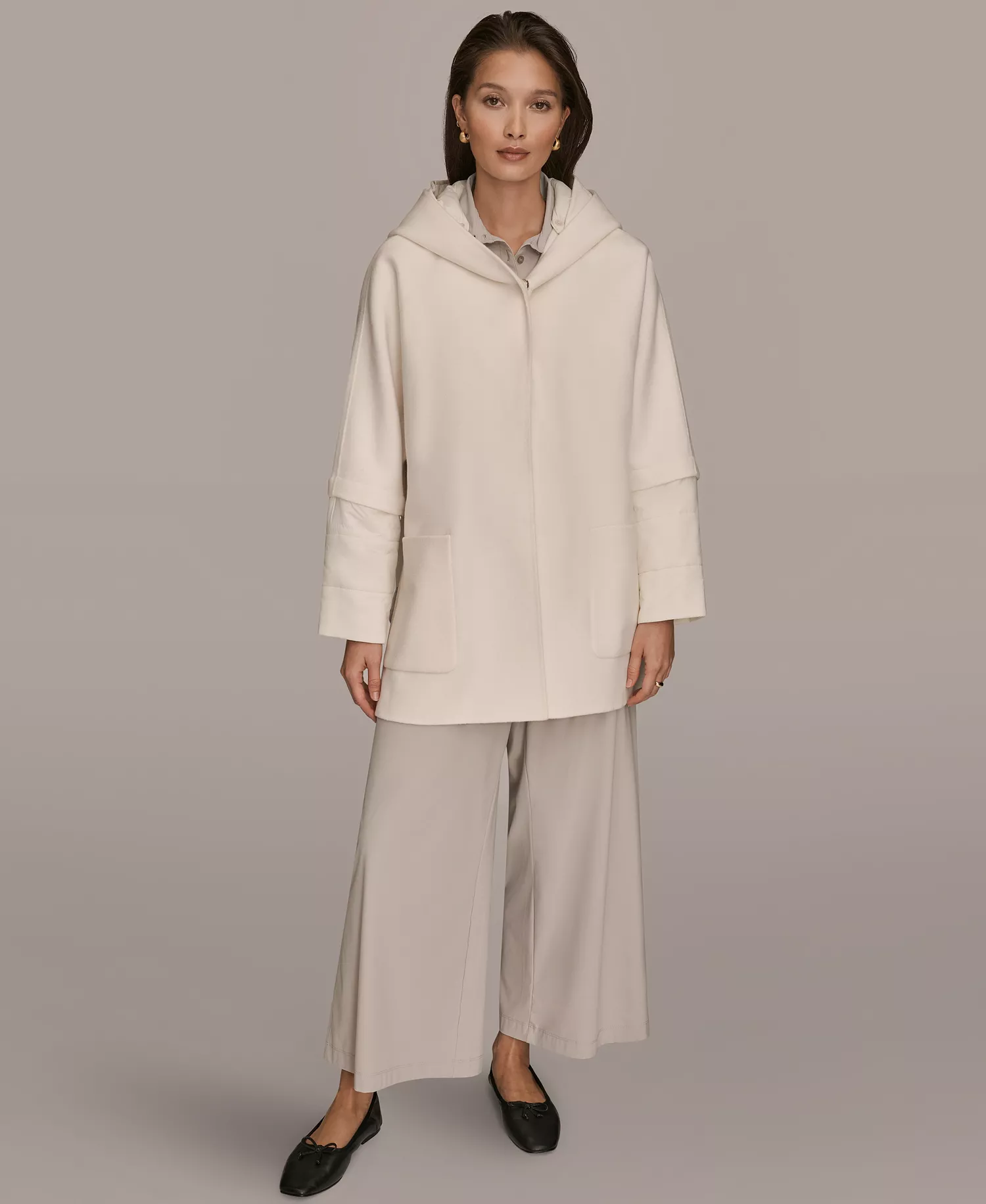 Women's Double Face Wool Cape Coat with Detachable Hood - Cream - L