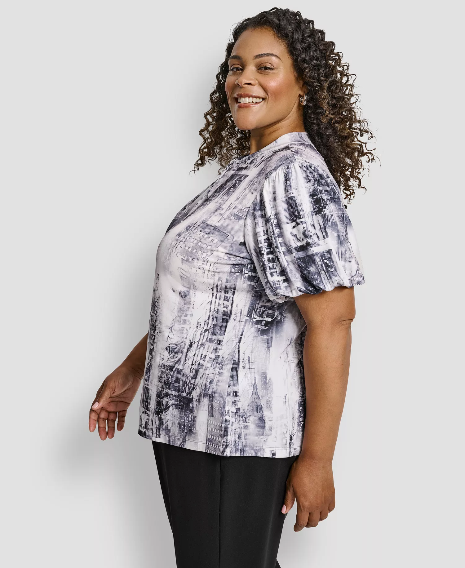 Plus Size Loop Neck Balloon Sleeve Top - Graphite/Stone Gray Multi - 1X