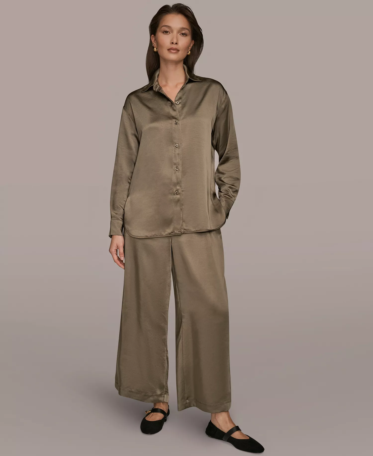 Women's Satin Button-Down Shirt - Khaki Green - L