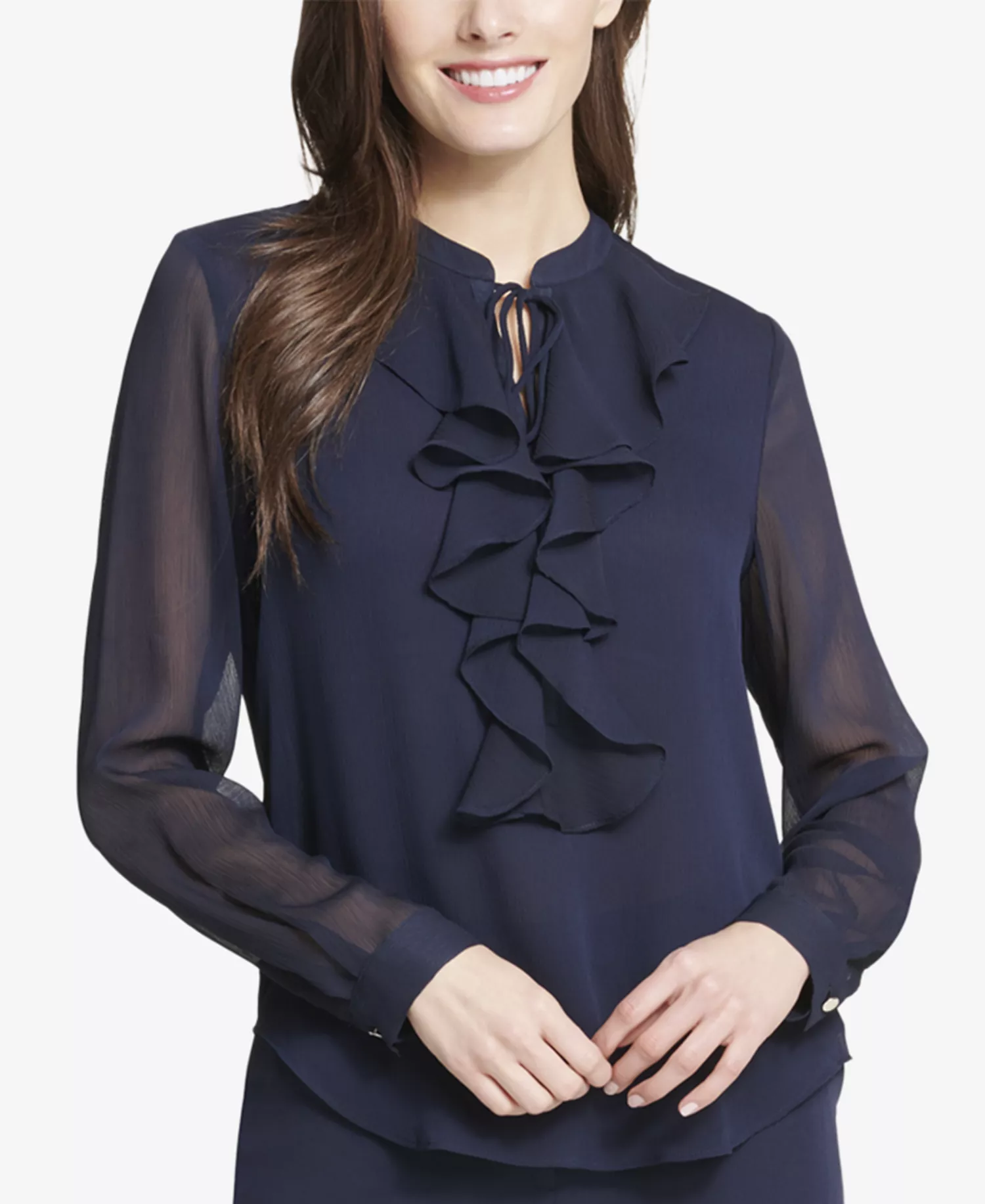Women’s Ruffled Tie-Neck Blouse - Dark Blue - M