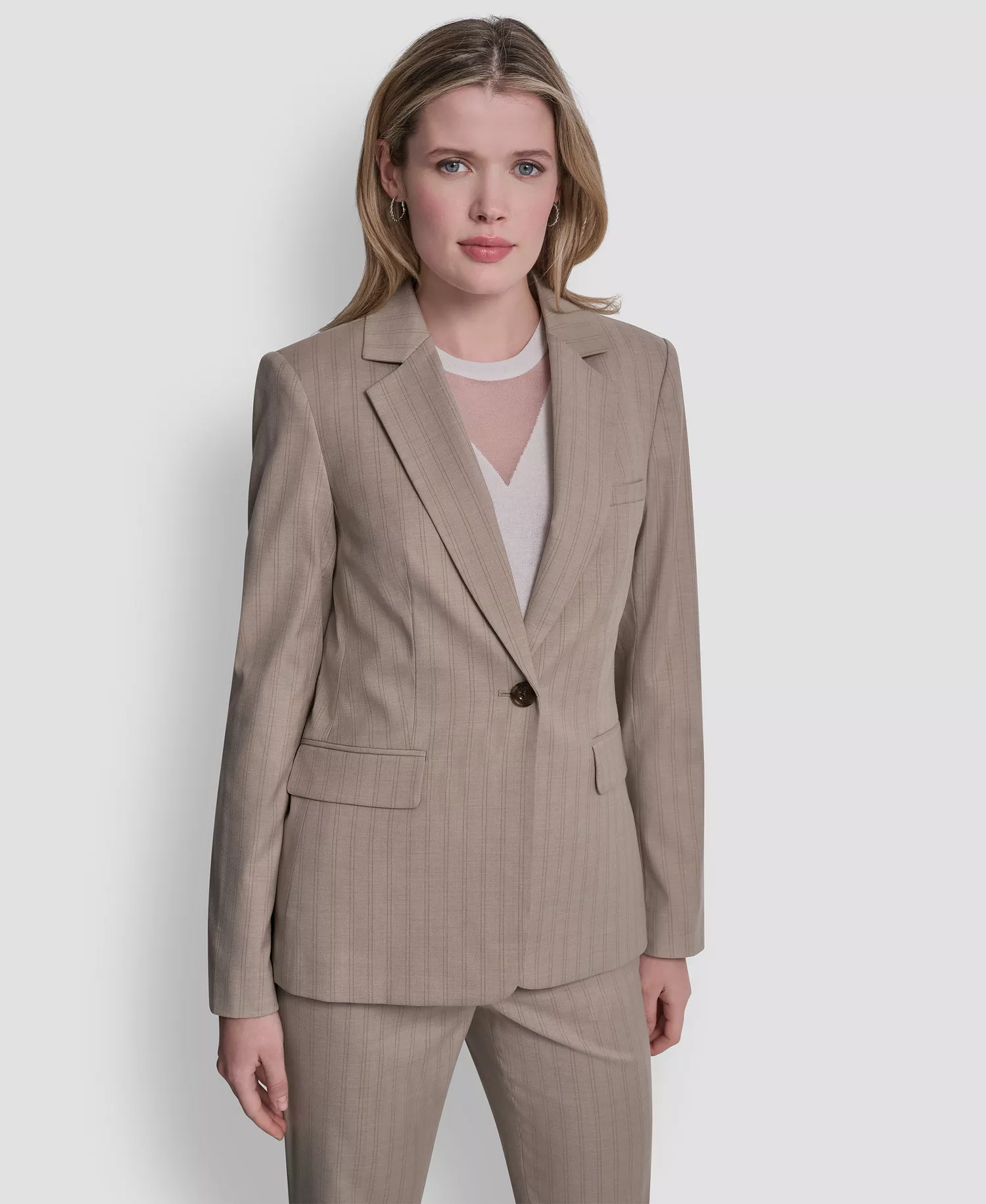 Women's Vertical Pinstripe Blazer Jacket - Pebble/Taupe Stripe - 0