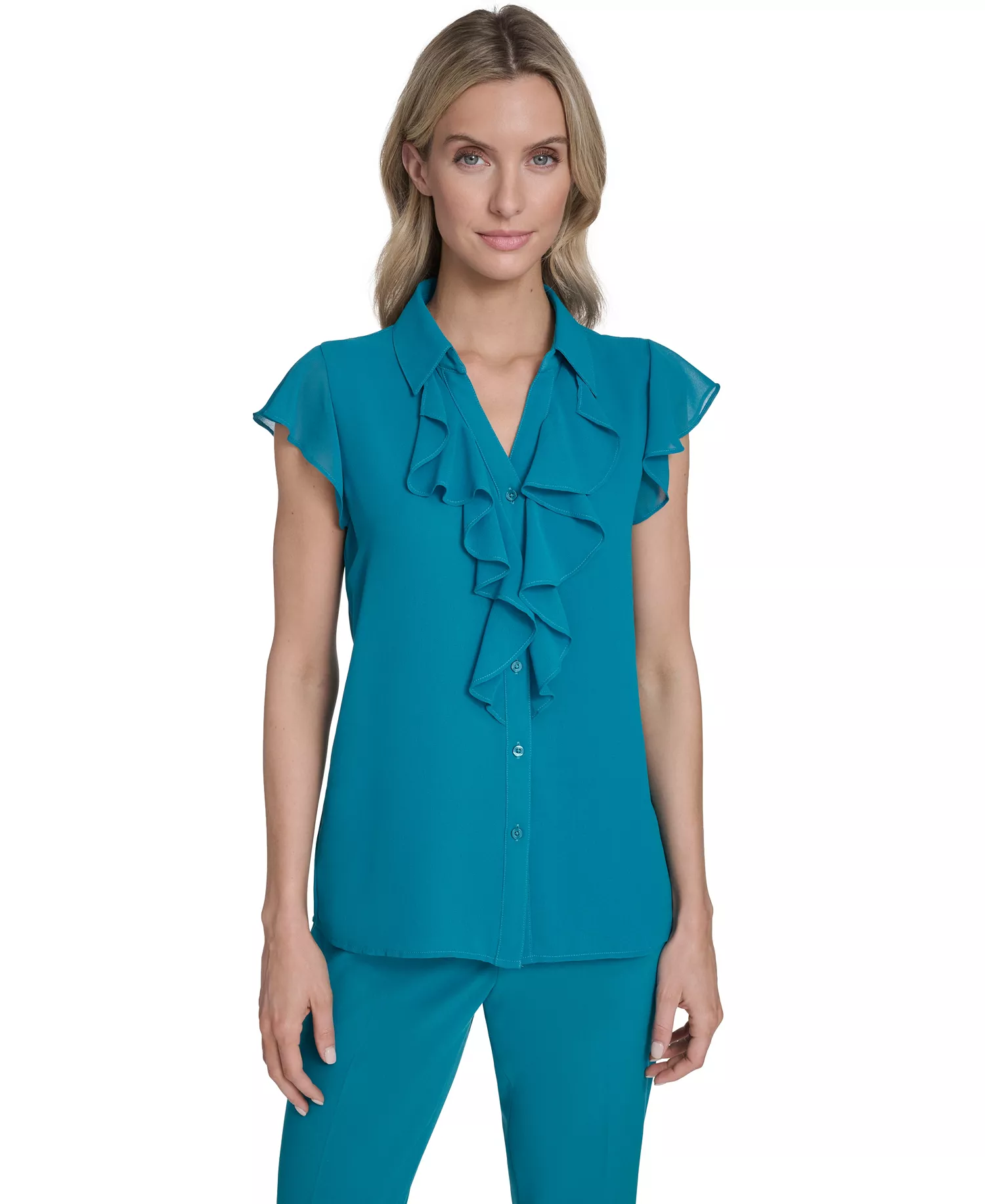 Petite Short-Sleeve Ruffle Top - Petrol - P/L