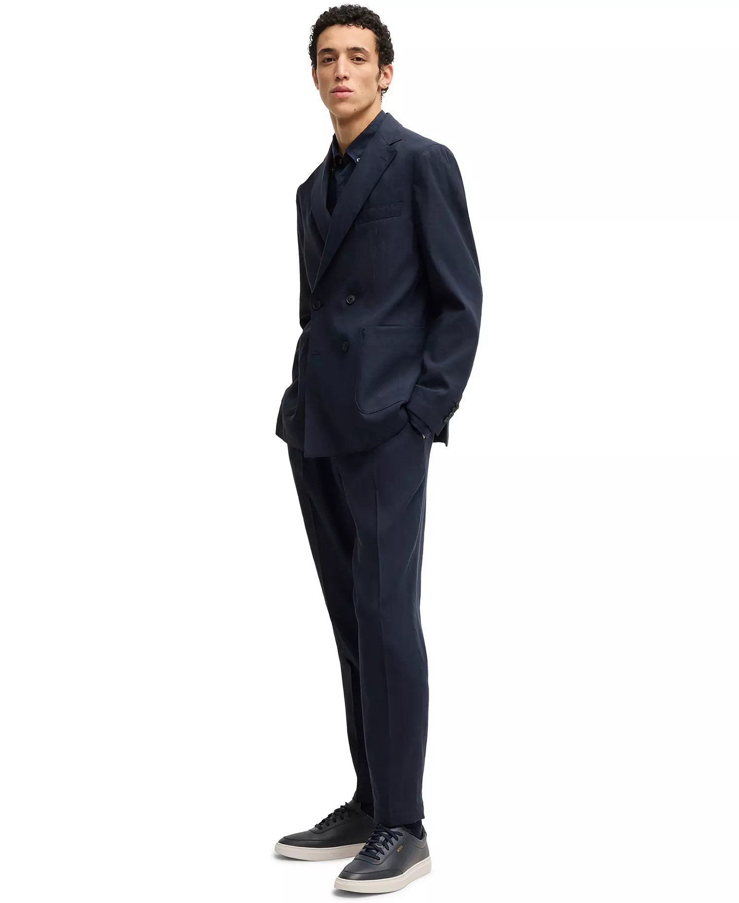 Men's Linen Blend Tapered-Fit Tailored Trousers - Dark Blue - 32R