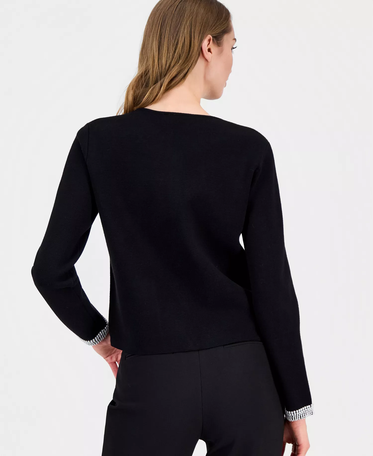 Women's Embellished Pearl-Trim Cardigan - Black/ Ivory Pearls - L