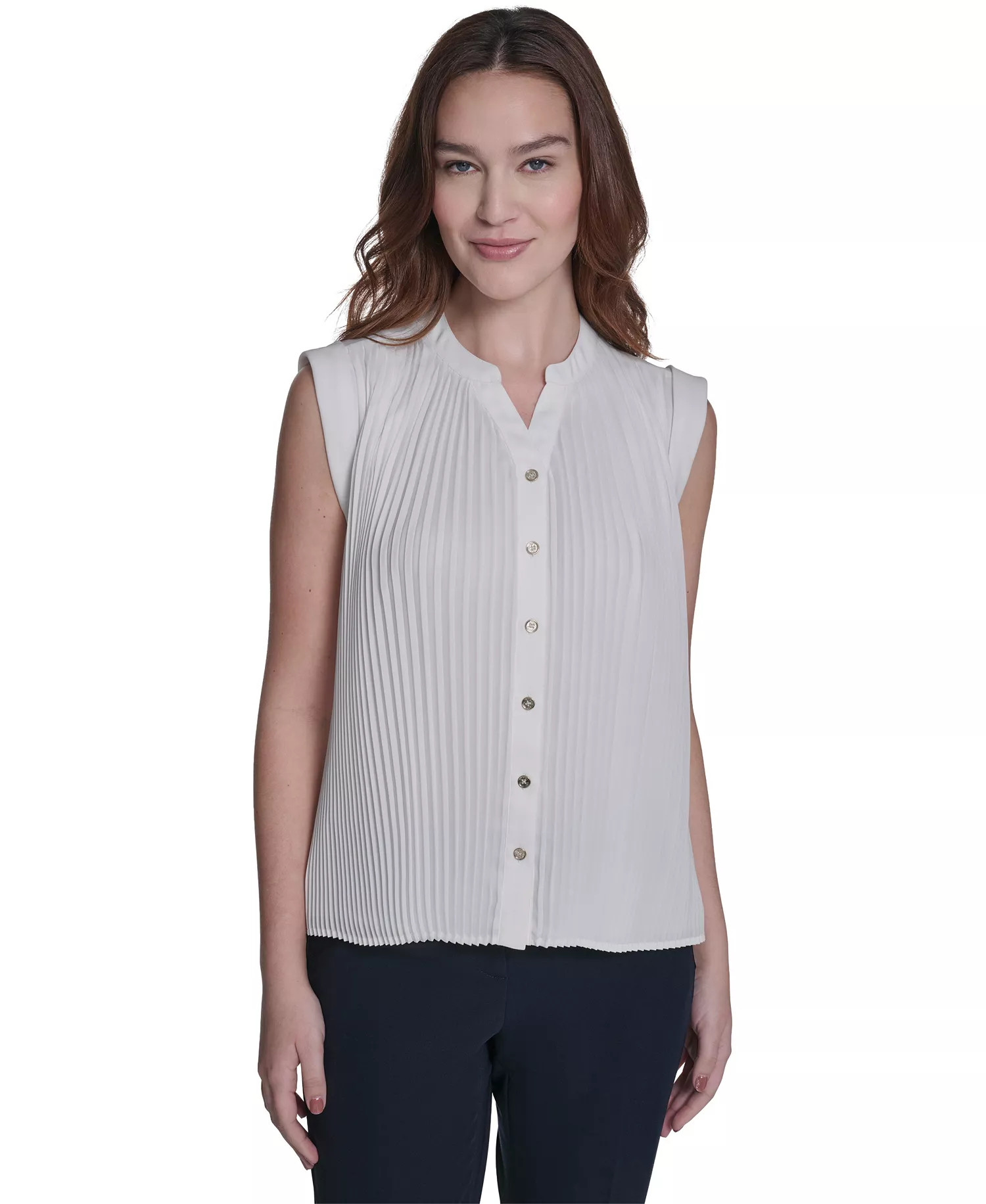 Women's V-Neck Pleated Blouse - Ivory - L