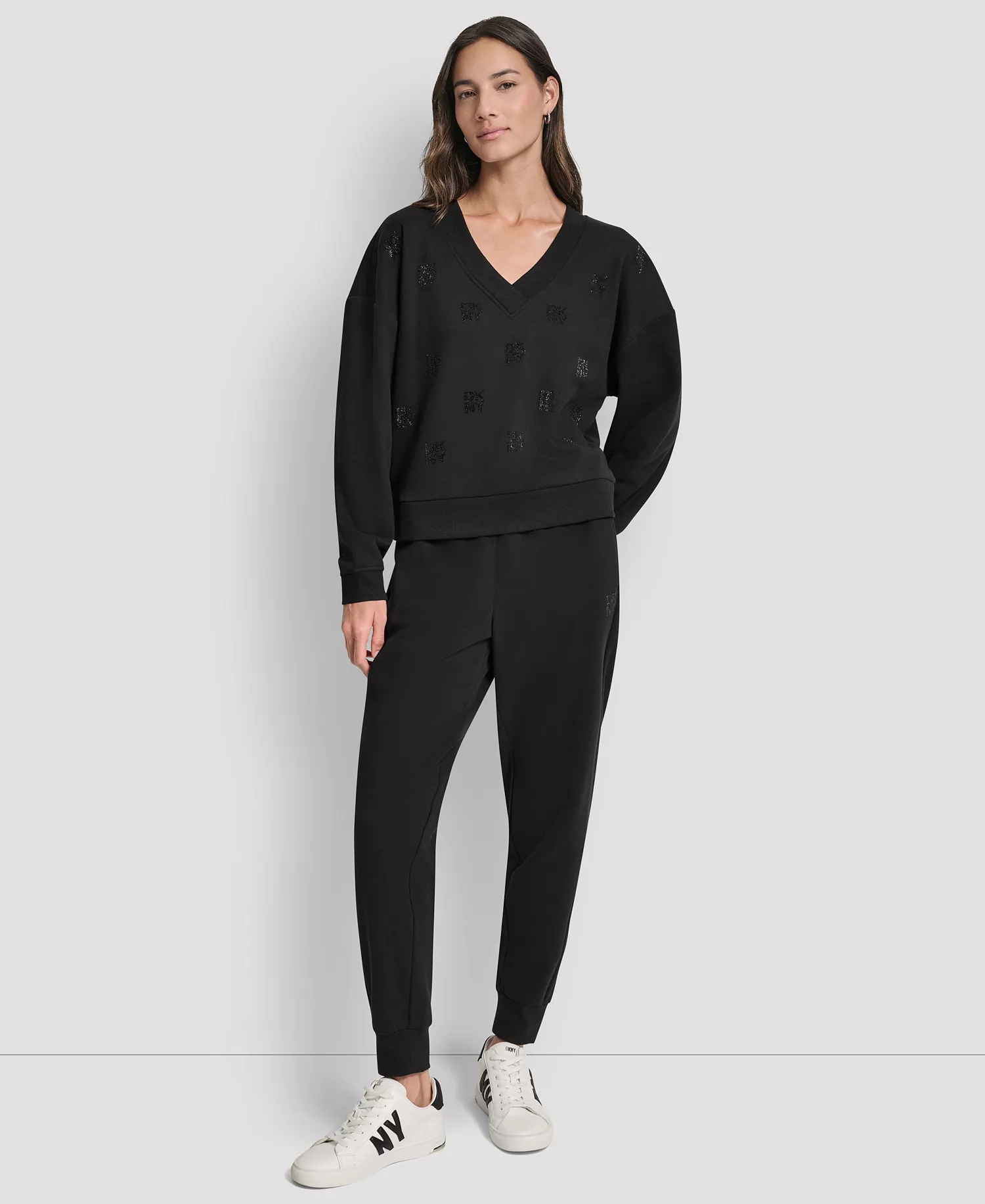 Women's Allover Stack Rhinestone V-Neck Sweatshirt - Black - L