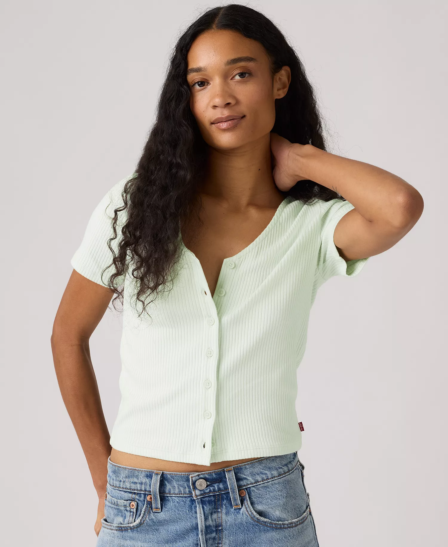 Women's Muse Short-Sleeve Button-Front Top - Pale Blue - L