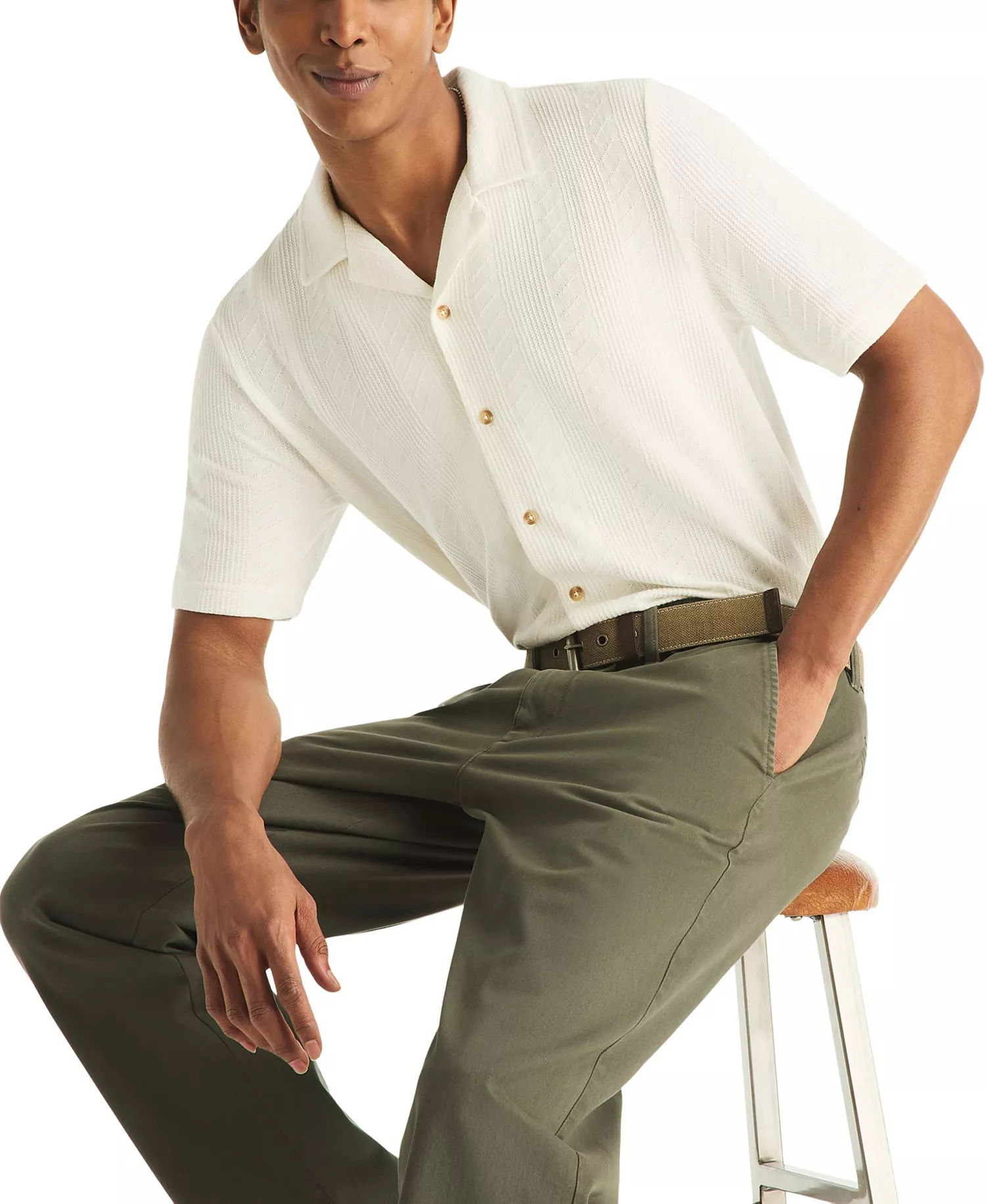 Men's Short-Sleeve Vertical Textured Polo Shirt - Bright White - L