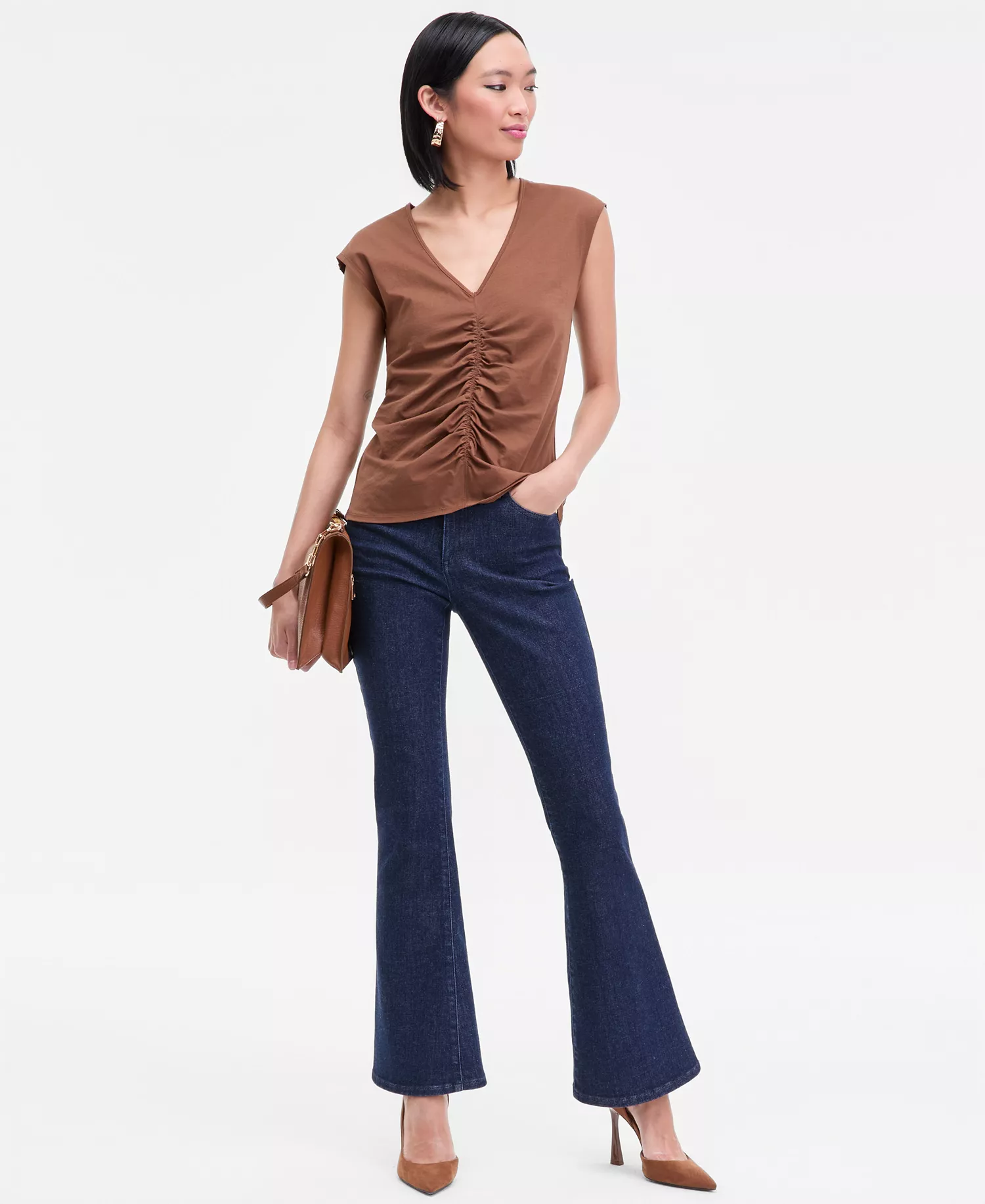 Women's Cap Sleeve Ruched Cotton V-Neck T-Shirt, Macy's Exclusive - Bison - L