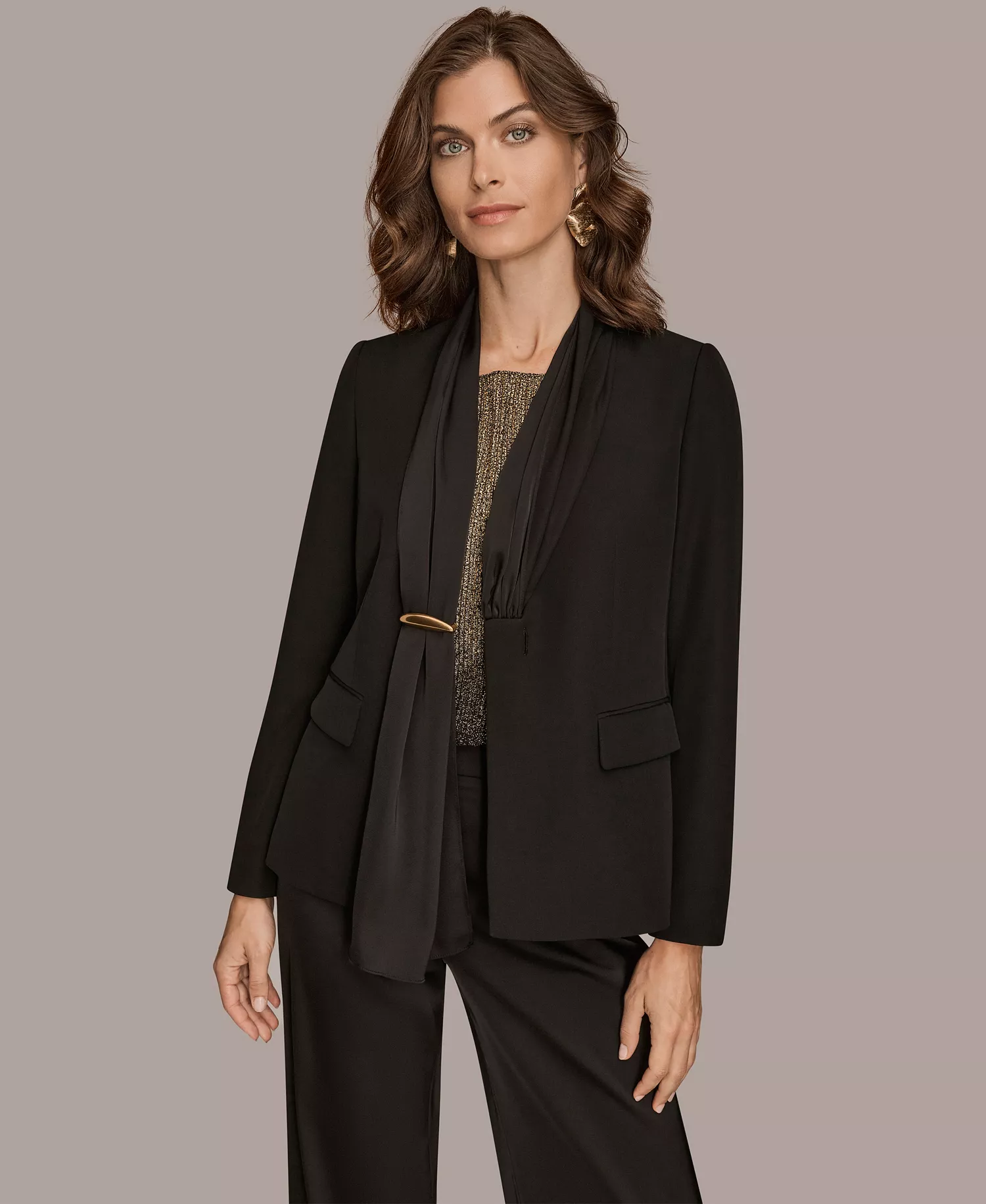 Women's Mixed Media Collarless Jacket, Regular & Petites - Black - 0