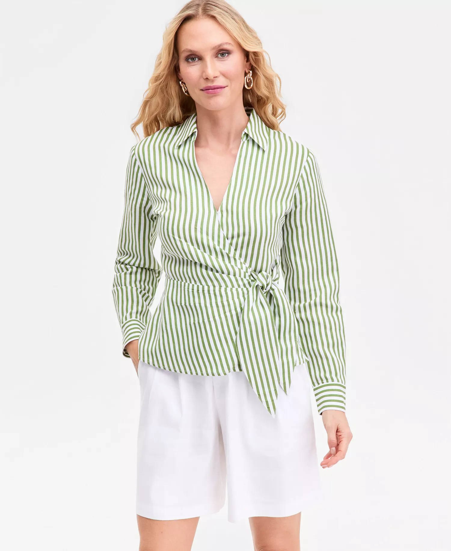 Women's Long Sleeve Striped Linen Tie-Front Collared Shirt, Macy's Exclusive - Lora Green Stripe - L