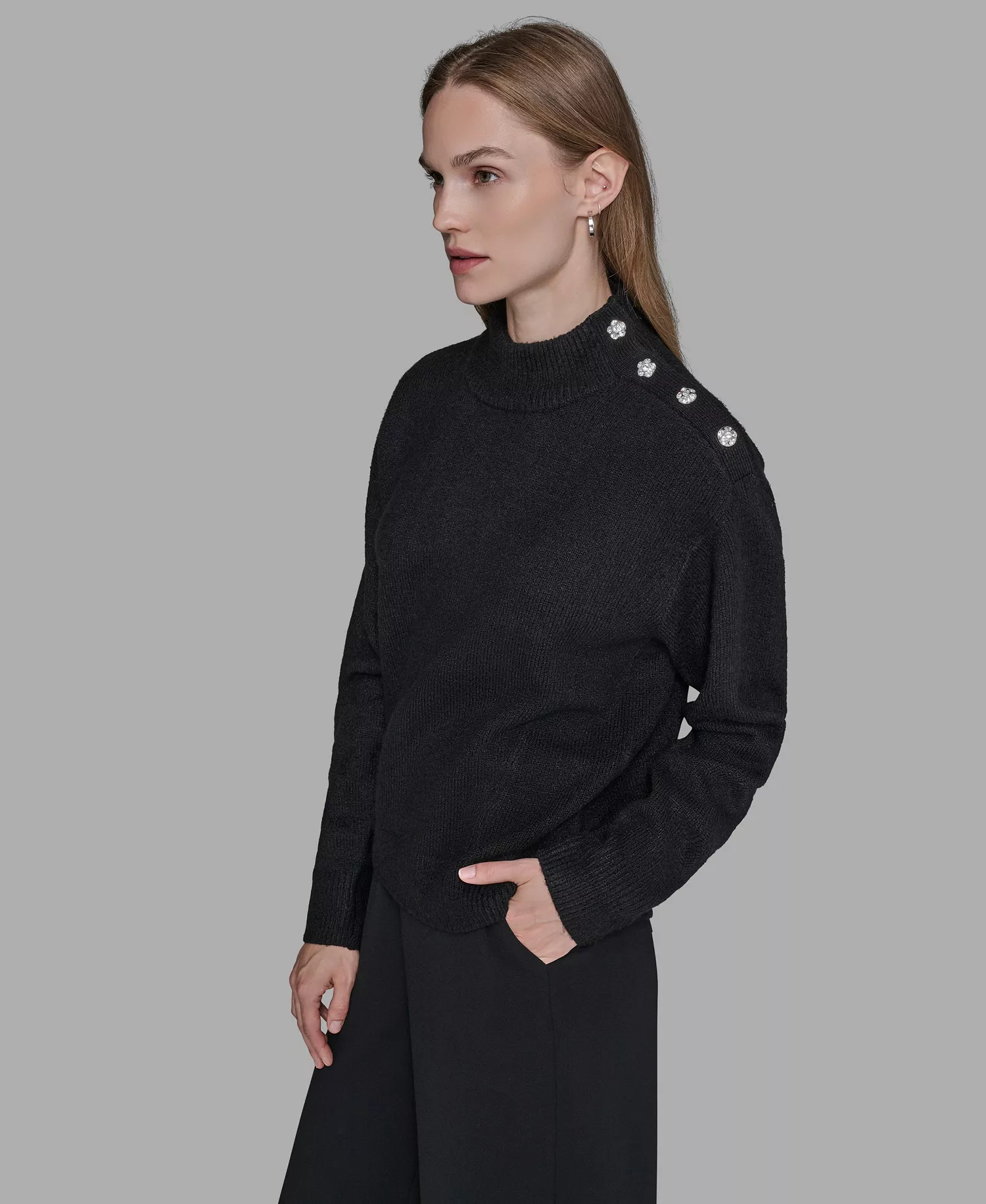 Women's Button Shoulder Long Sleeve Sweater - Black - XS