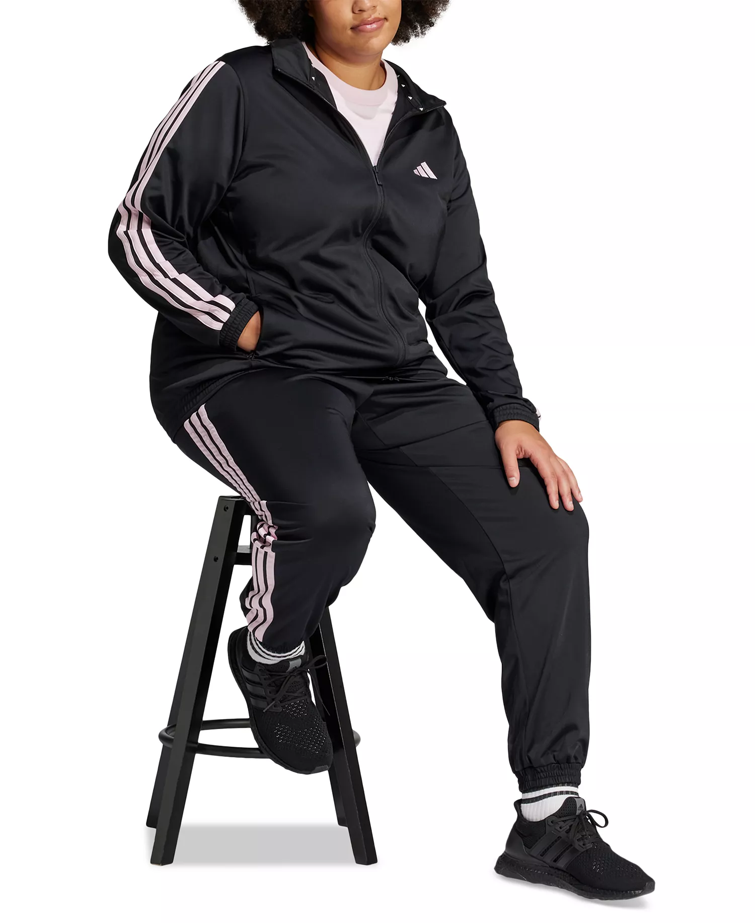 Plus Size Tricot 3-Stripes Track Pants - Black/Clear Pink - 1X