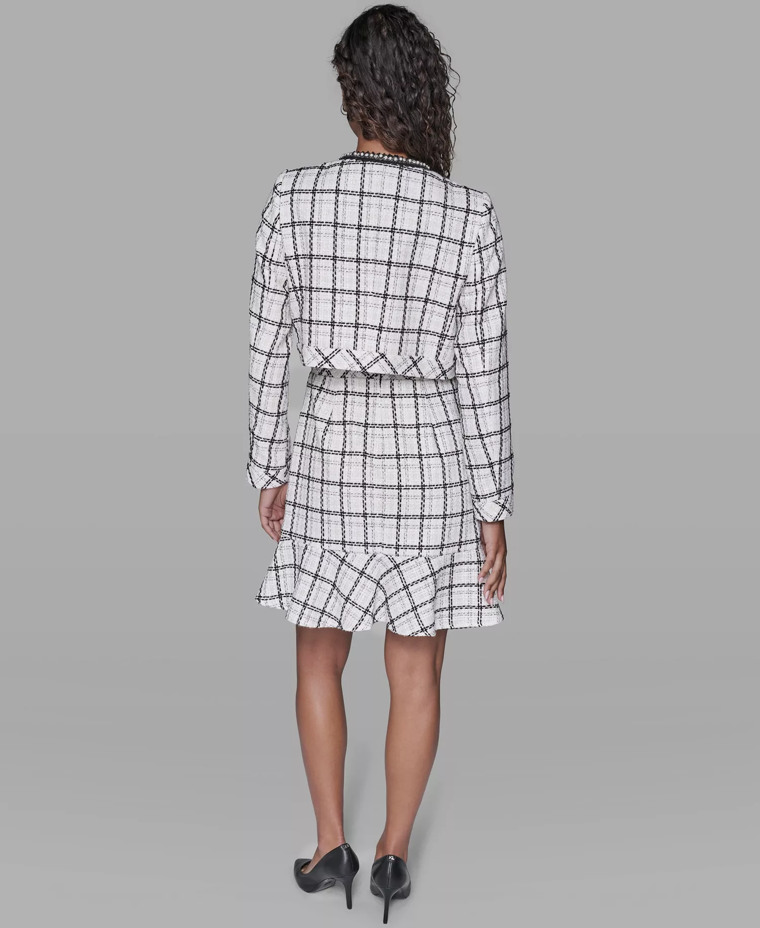 Women's Metallic Glen Plaid Tweed Jacket - Soft White/Black Multi - 10