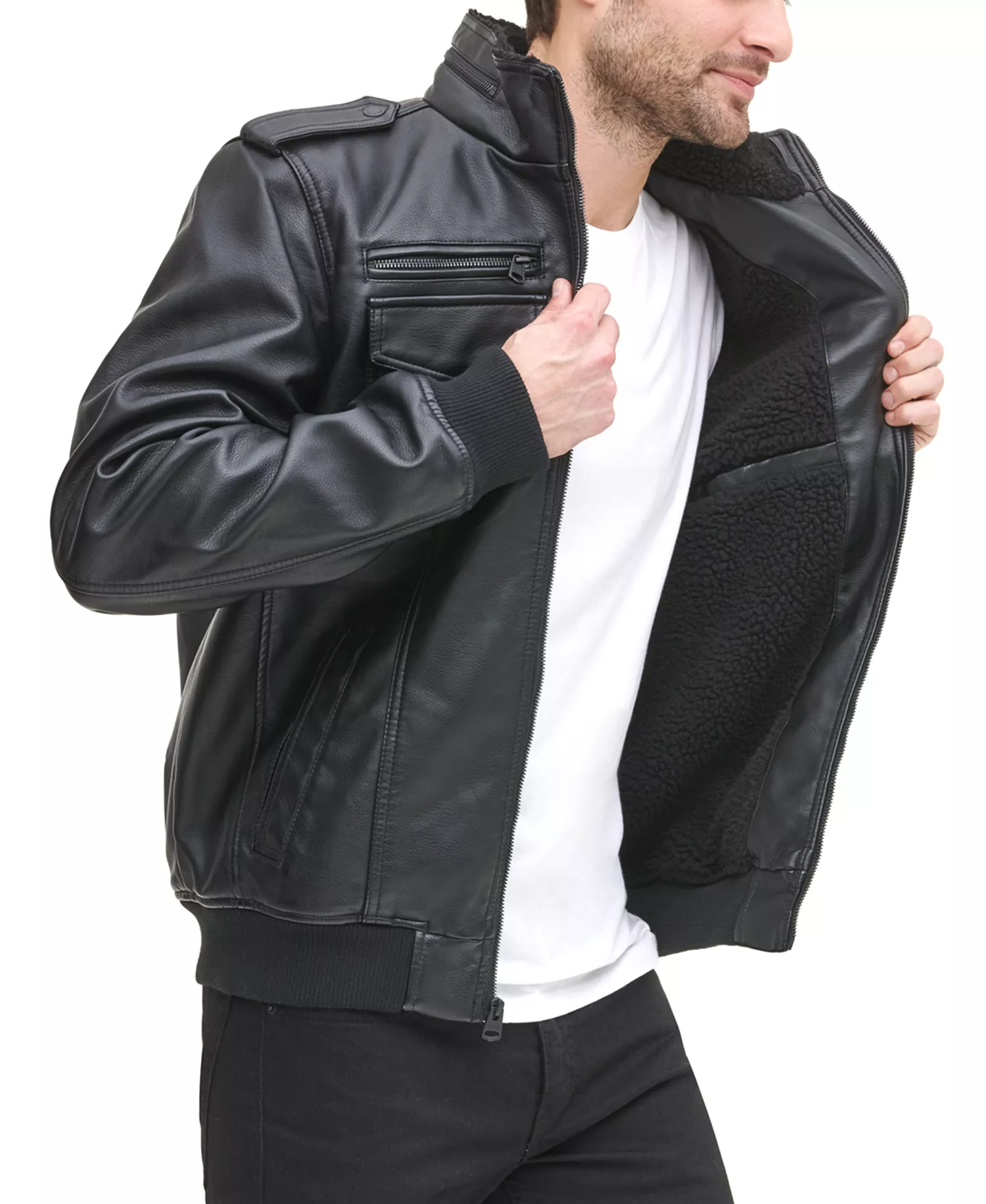 Men's Sherpa Lined Faux Leather Aviator Bomber - Black - 2XL