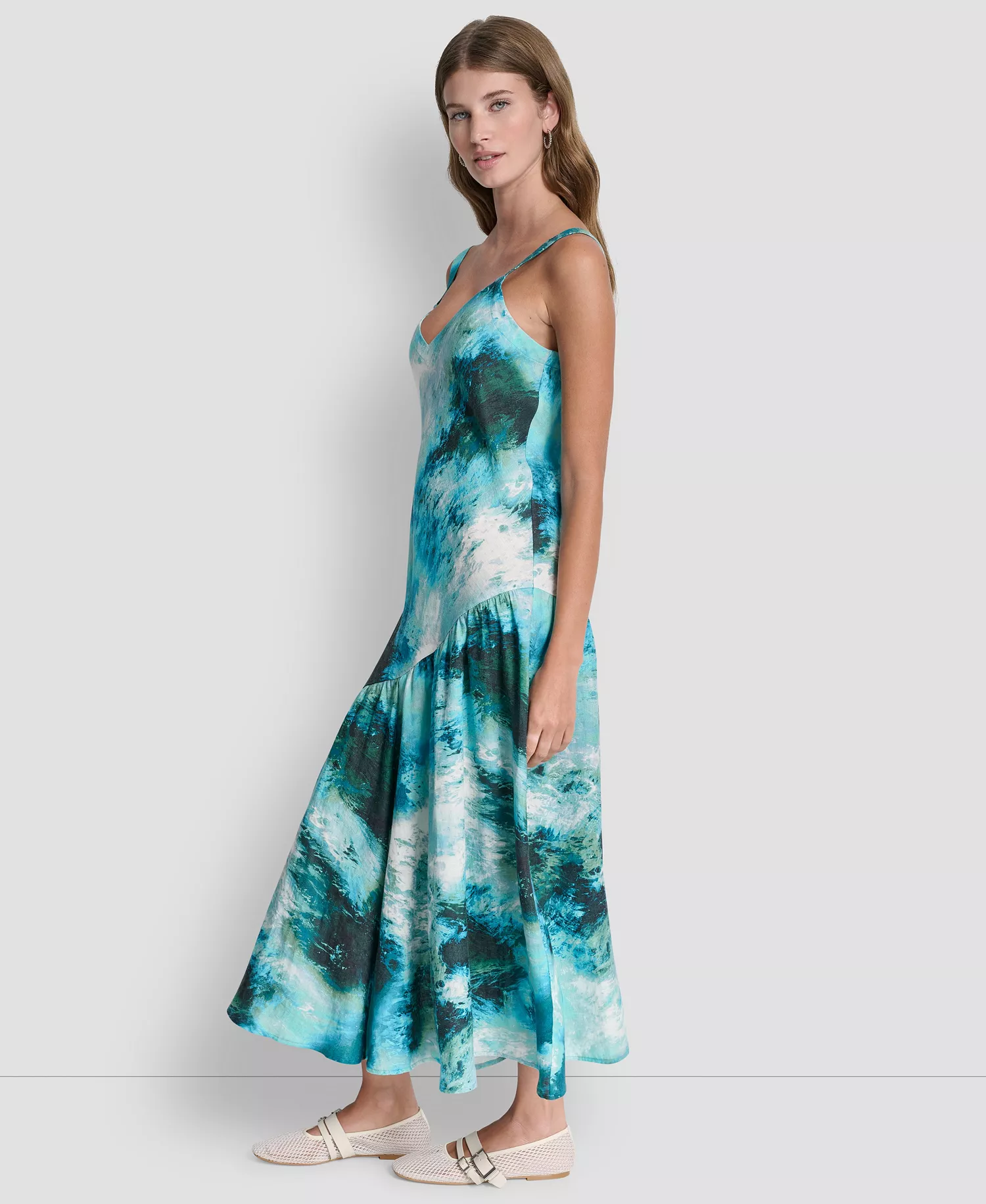 Women's Shirred Sleeveless Printed V-Neck Dress - Tidal Brushstroke - L