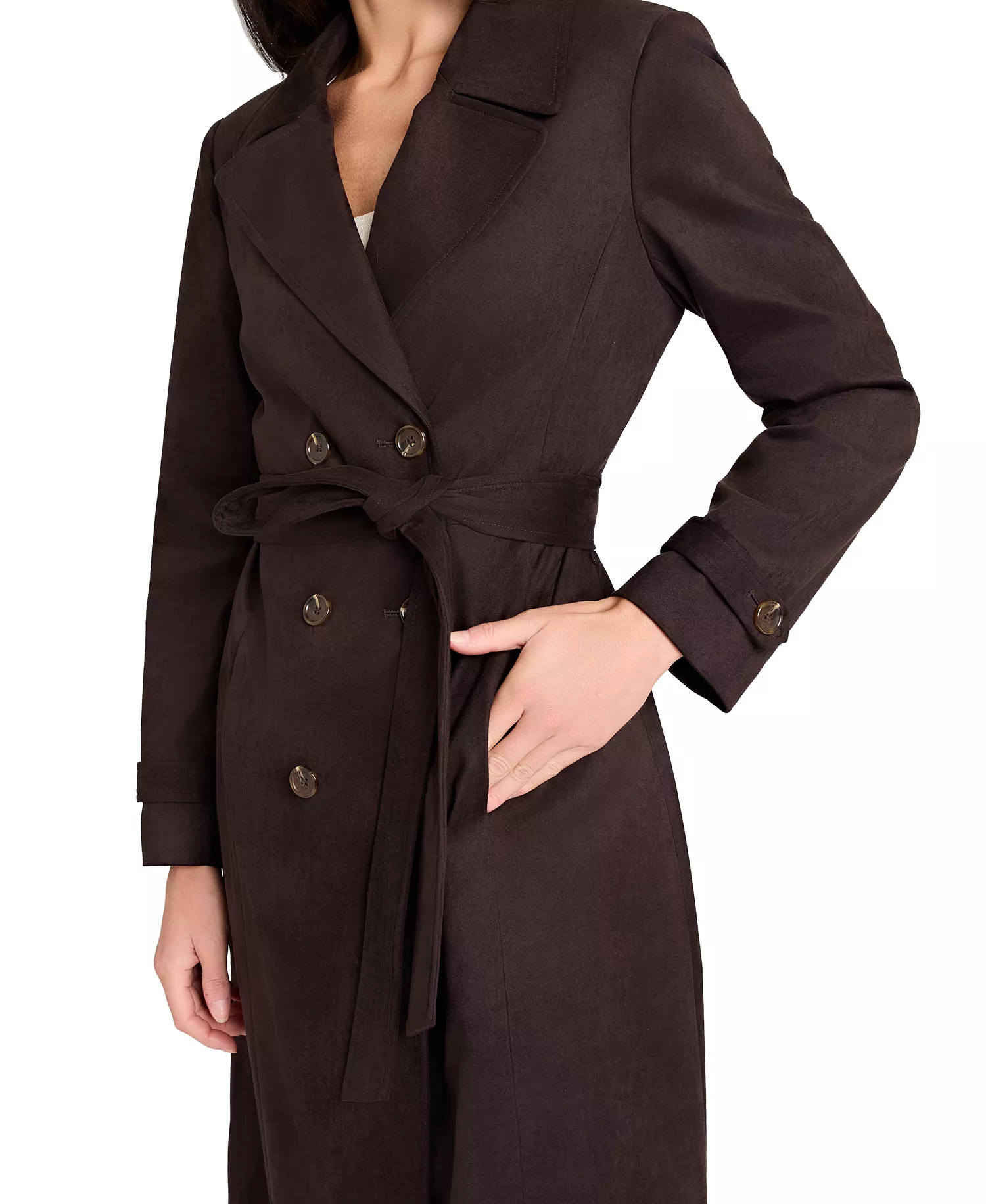 Petite Suede Long Sleeve Trench Coat - Espresso - 10P