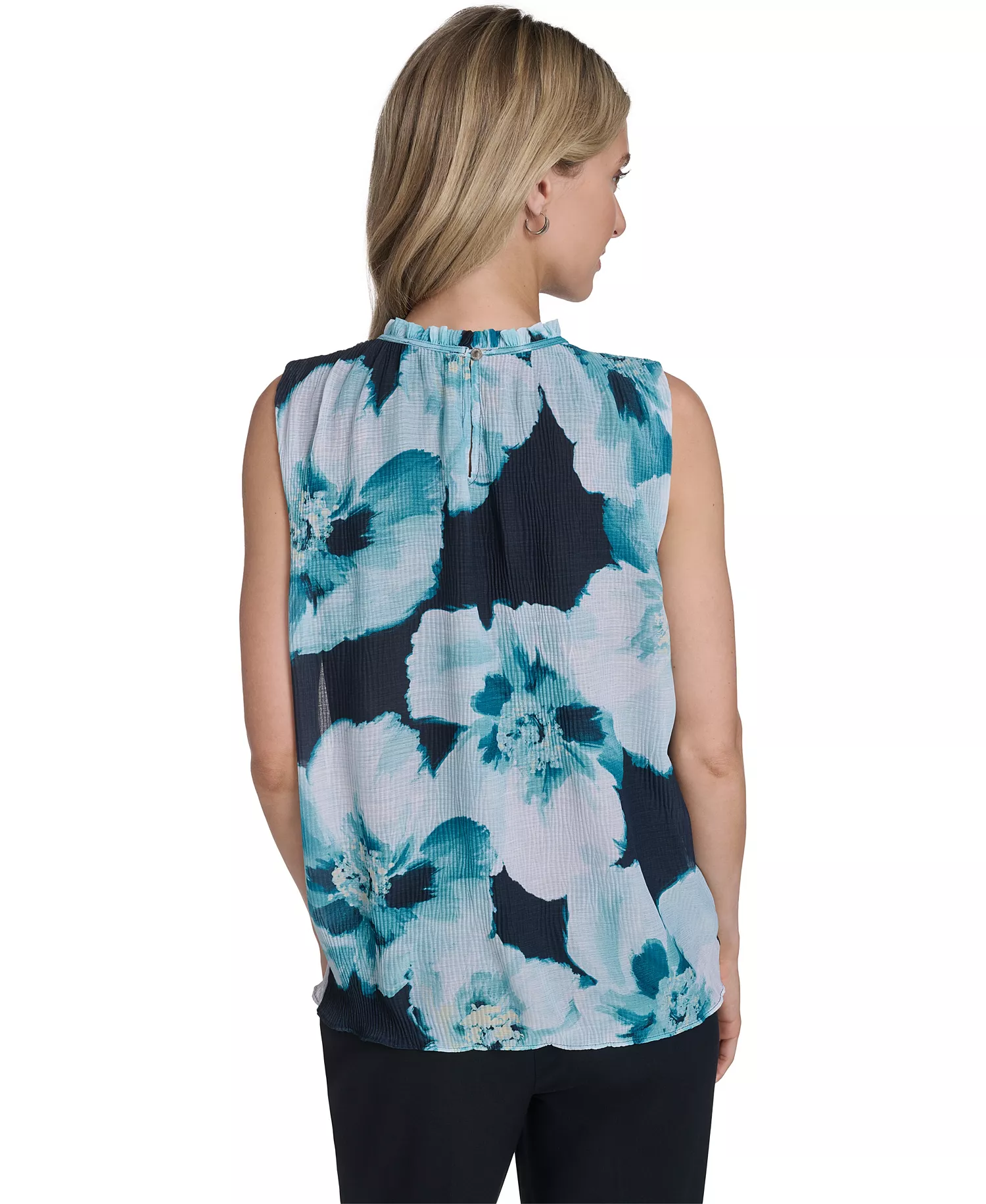 Women's Textured Ruffle Neck Top - Navy/seaspray Multi - L