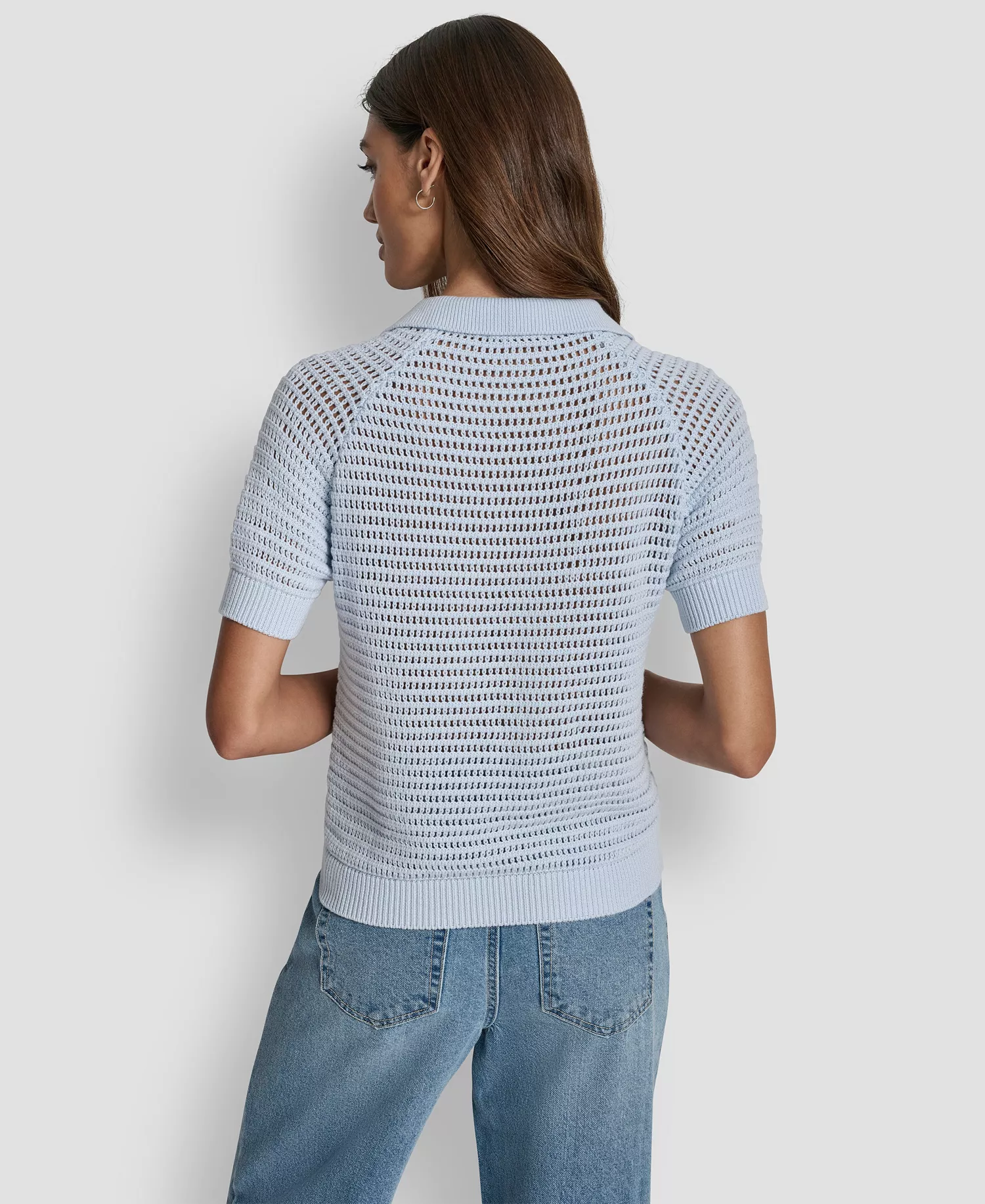 Women's Short-Sleeve Polo Collar Faux Crochet Stitch Sweater - Frost Blue - L