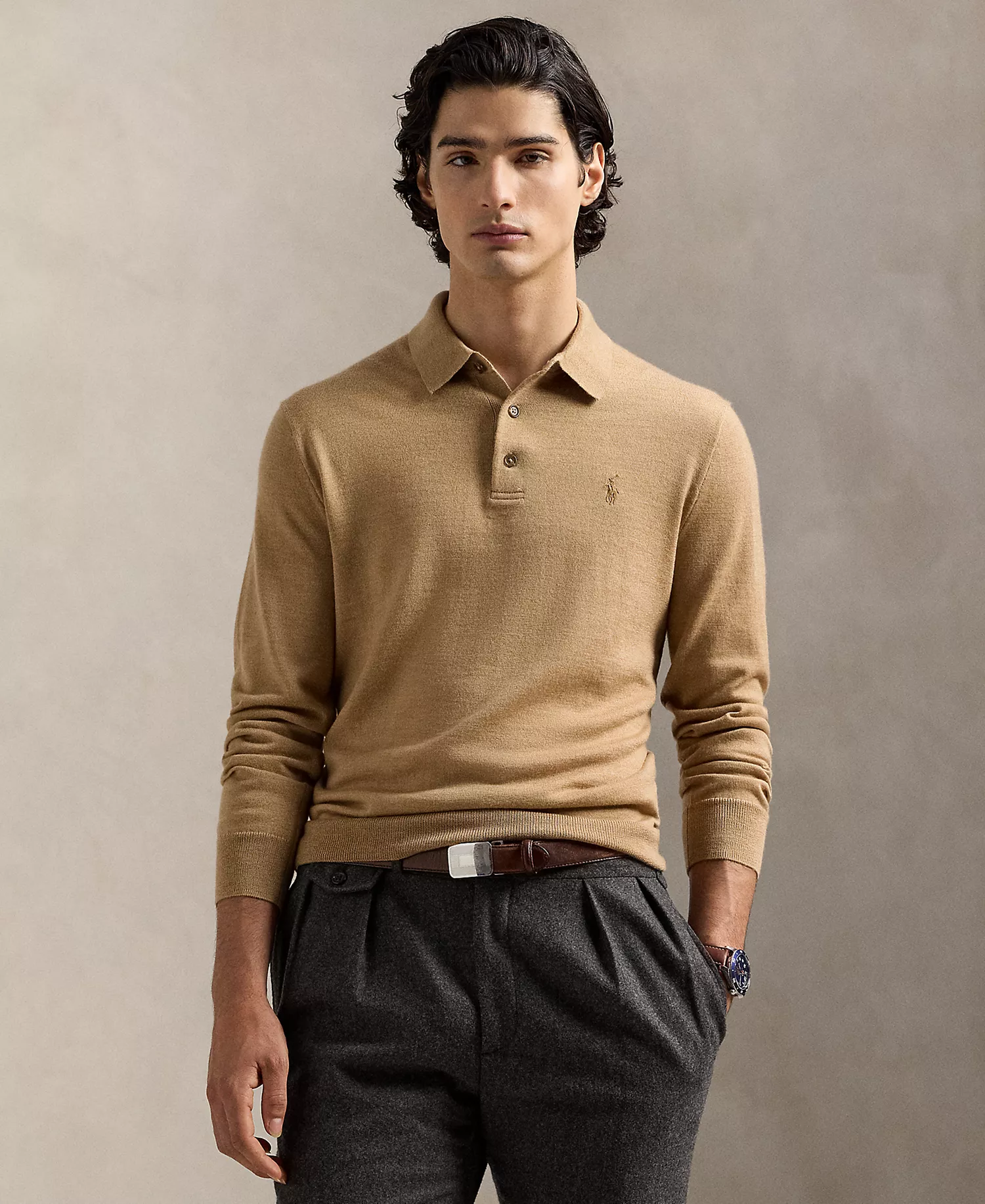 Men's Wool Polo-Collar Sweater - Camel Melange - 2XL