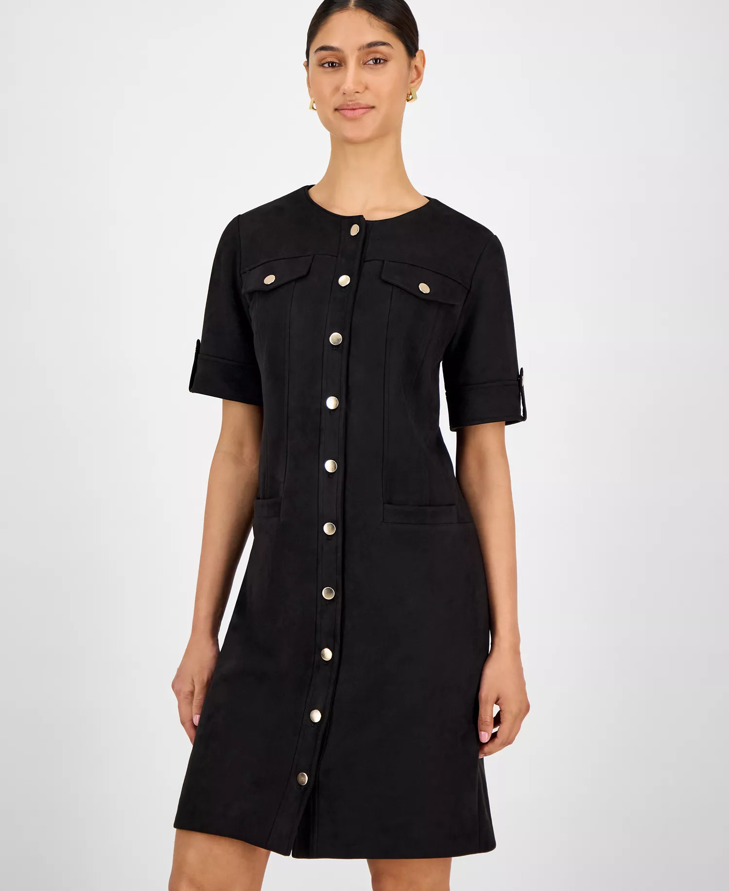 Women's Faux-Suede Short-Sleeve Shirtdress - Black - 10