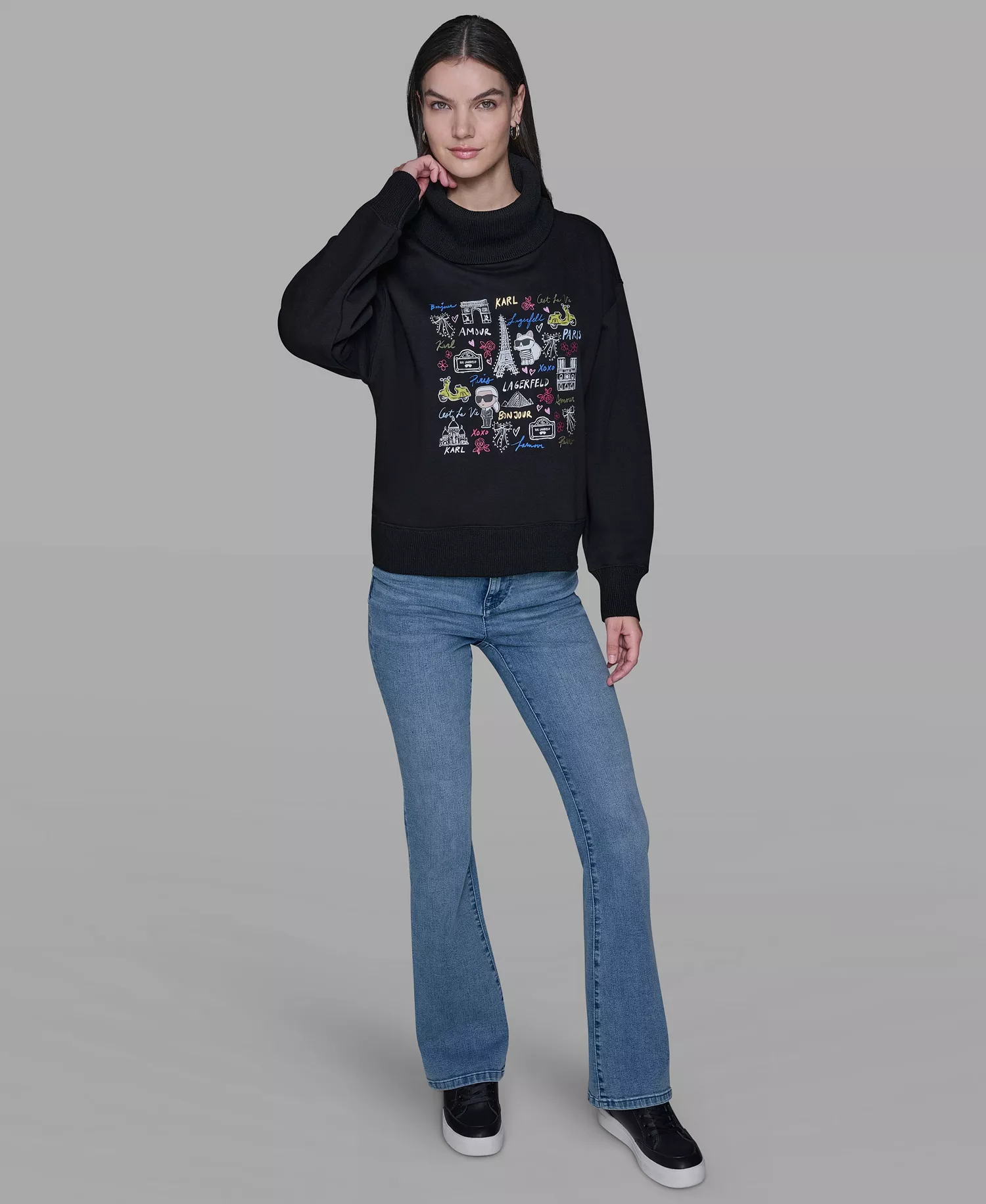 Women's Turtleneck Printed Sweater - Black - L