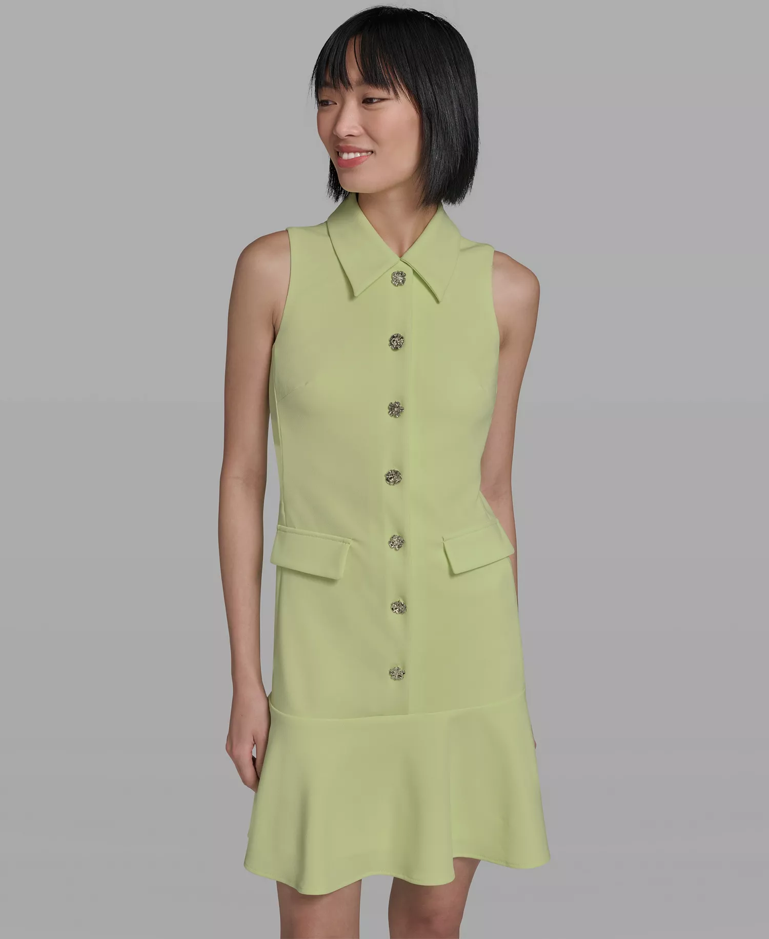 Women's Flower-Button Collared Sleeveless Shift Dress - Tea Green - 0