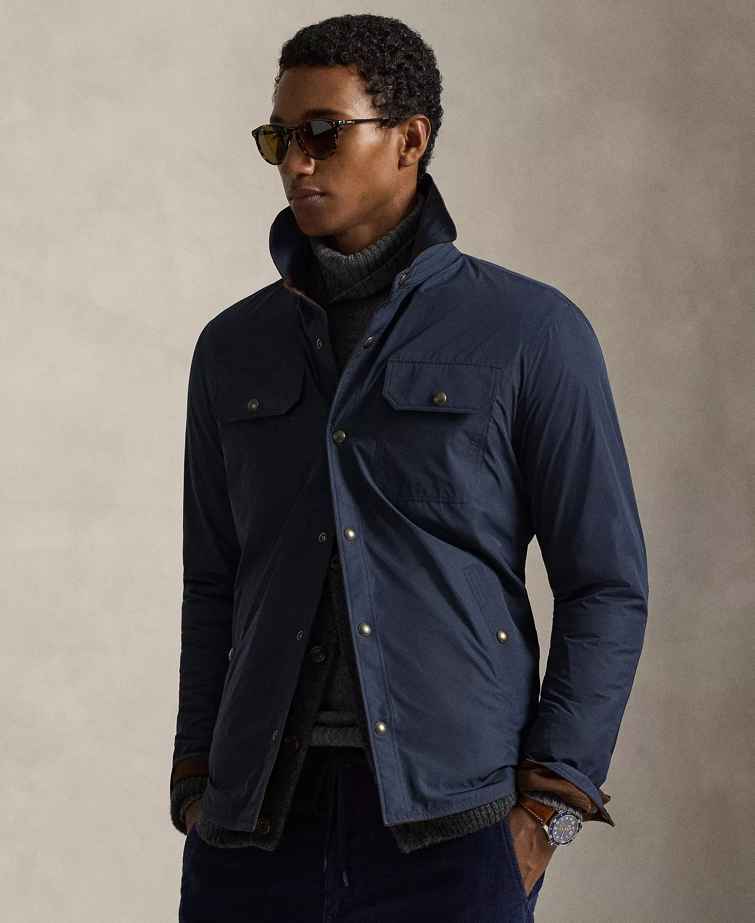 Men's Reversible Suede-Taffeta Shirt Jacket - Cooper Brown/collection Navy - XL